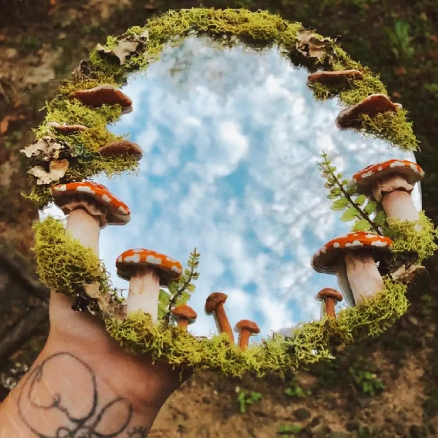 1500x1500 APLUSH Wall Mounted Mushroom Decor Handmade Moss Round Hanging Mirror For Wall, Living Room Entryway Bedroom : Home & Kitchen