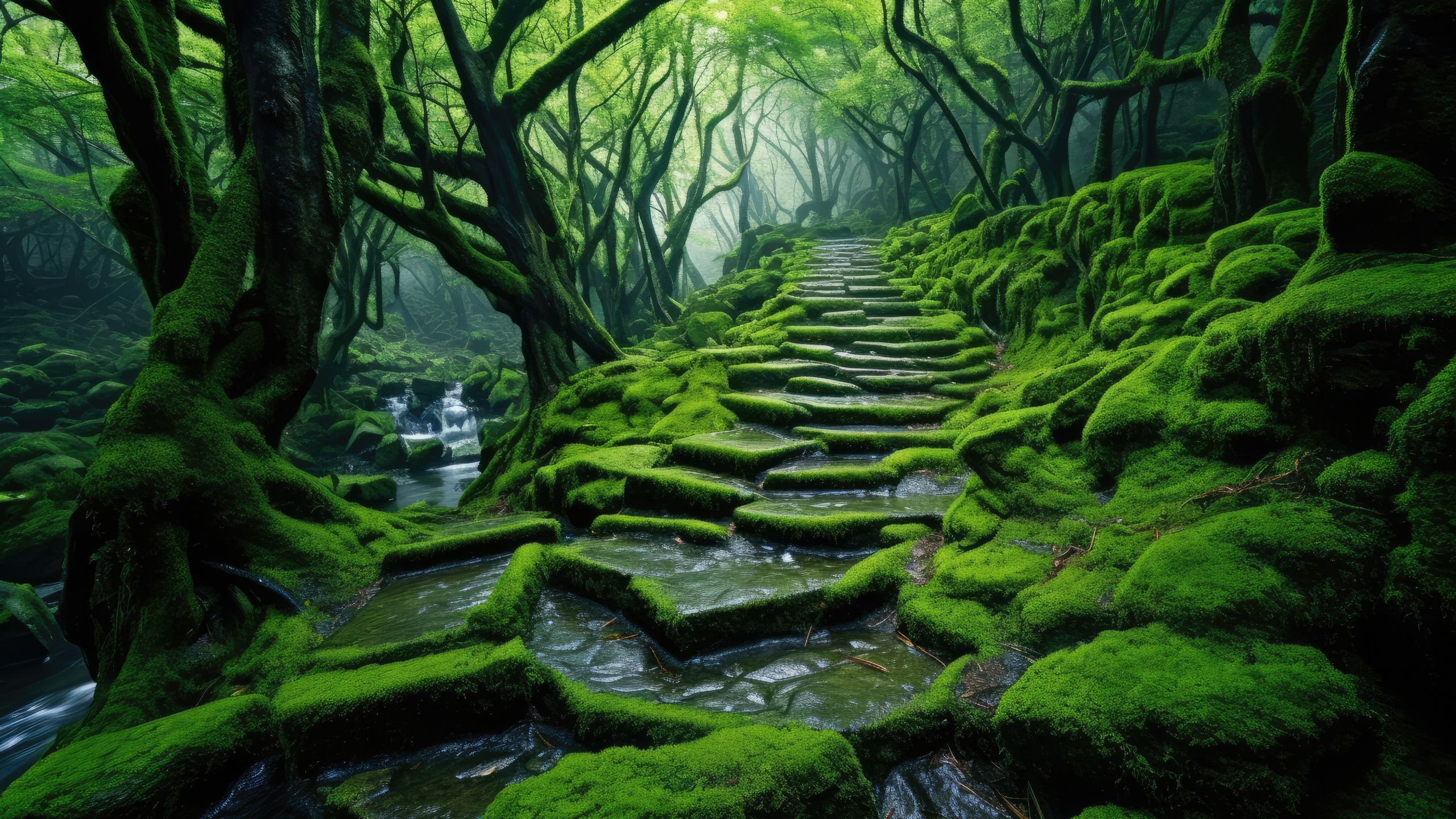 2560x1440 Thick forest Wallpaper 4K, Green aesthetic, Path, Sunlight