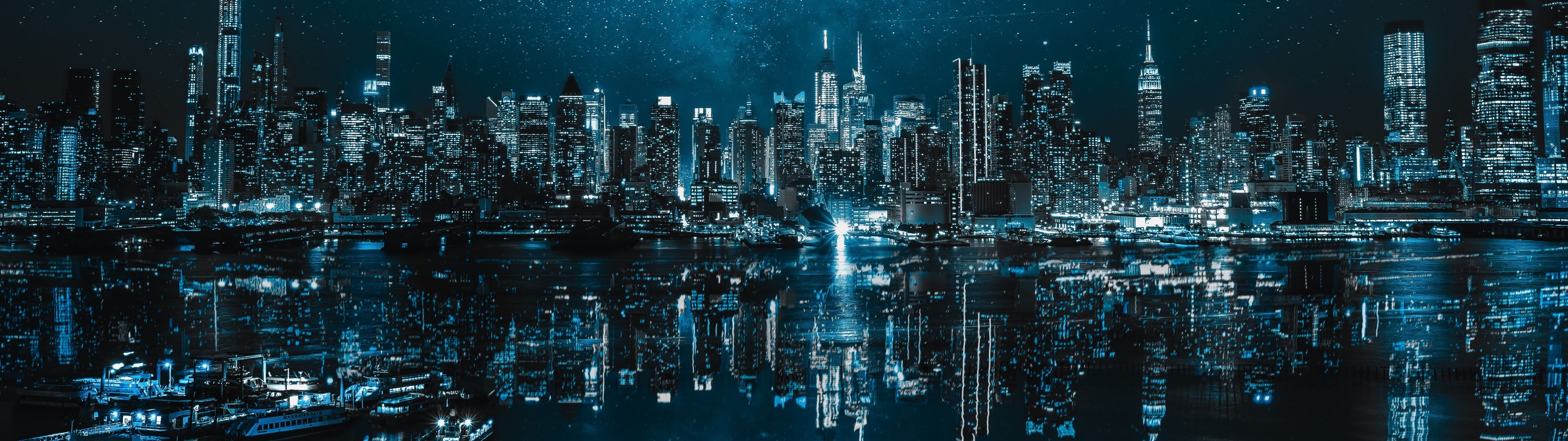 3840x1080 New York City Wallpaper 4K, Panoramic, Cityscape, Night