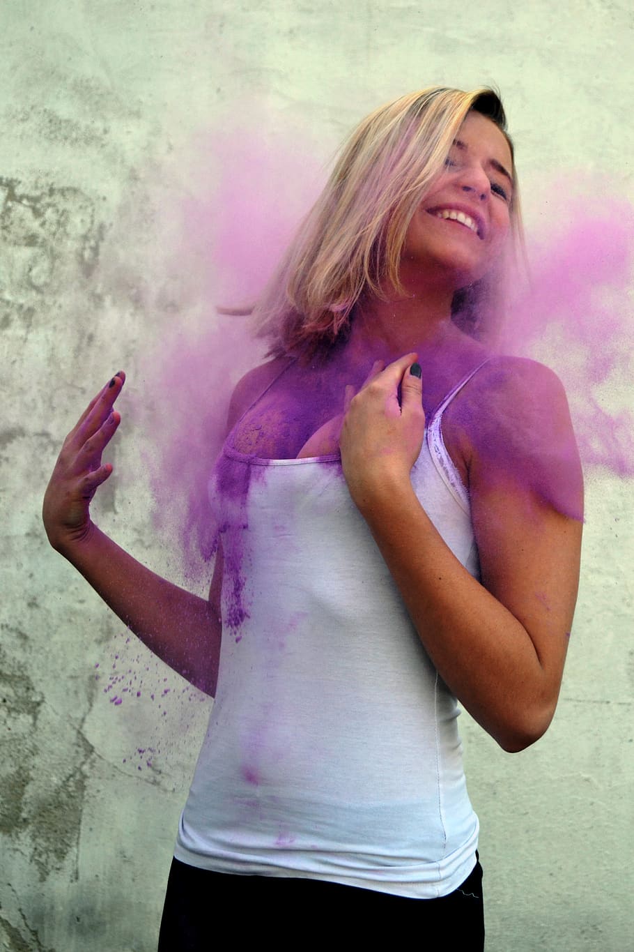 910x1365 HD wallpaper: purple, color, holi, powder, girl, portrait, one person, three quarter length
