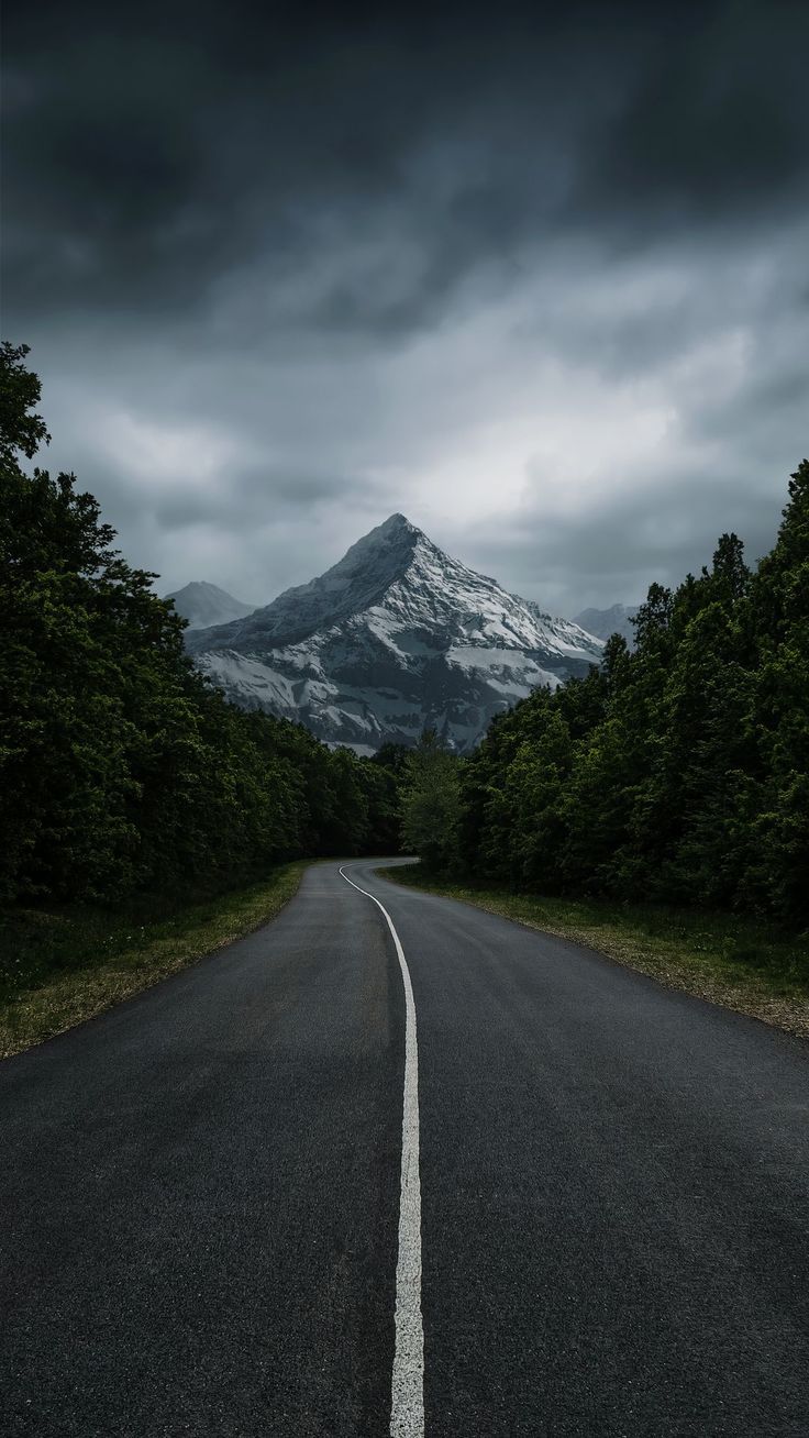 736x1308 Wallpaper road, mountain, trees, nature, sky, AI 4K by Vitaliy Аrt. Download wallpaper road, mountain, trees, nature, sky for free