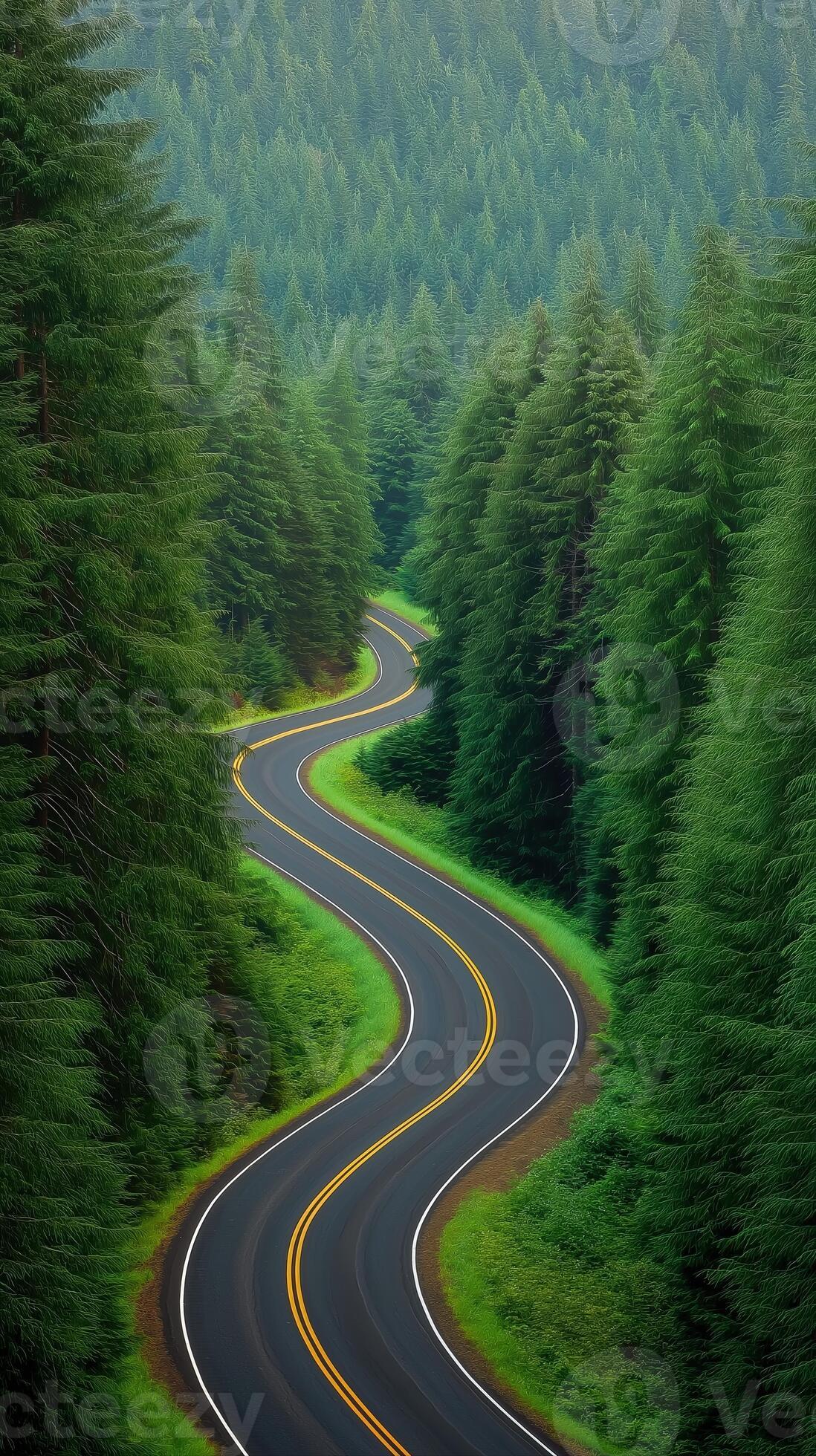 1098x1960 Winding Curved Road Through Emerald Forest Surrounded by Lush Green Trees in Scenic Nature Landscape