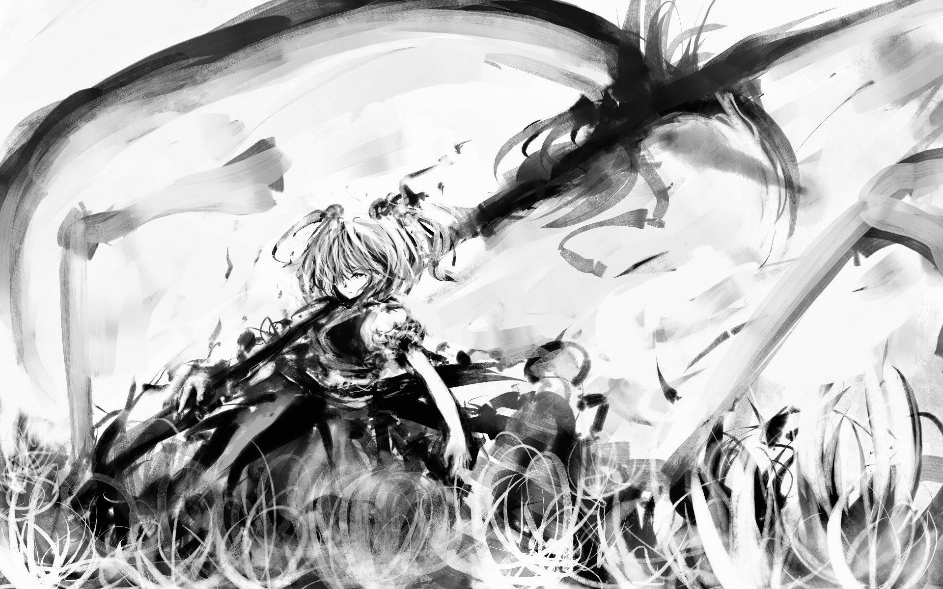 1920x1200 HD Wallpaper of Komachi Onozuka in Striking Black & White Anime Art