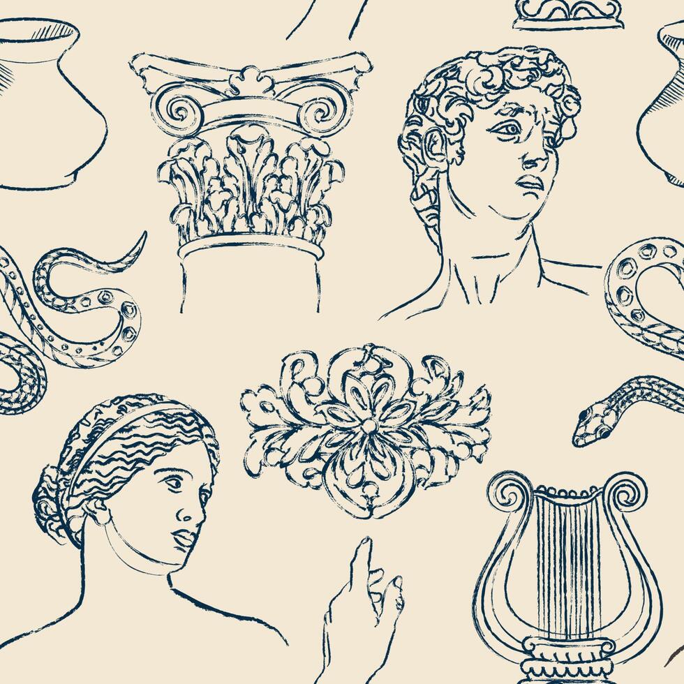 980x980 Seamless pattern with ancient statues. Ancient Greek sculpture elements, snake, David, harp, column capitals. Monochrome textile, wrapping paper, wallpaper print. Classical art background