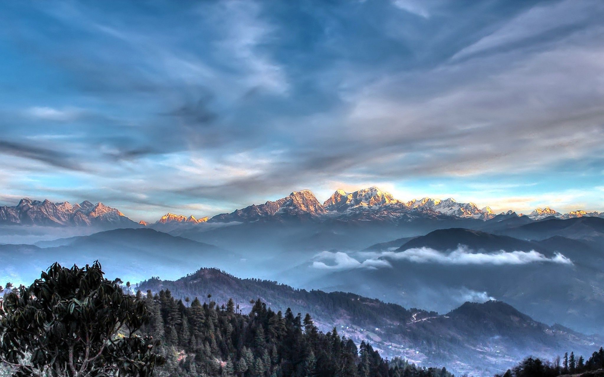 2048x1280 landscape, Nature, Himalayas, Mountain, Forest, Snowy Peak, Mist, Clouds, Sunset, Nepal Wallpaper HD / Desktop and Mobile Background