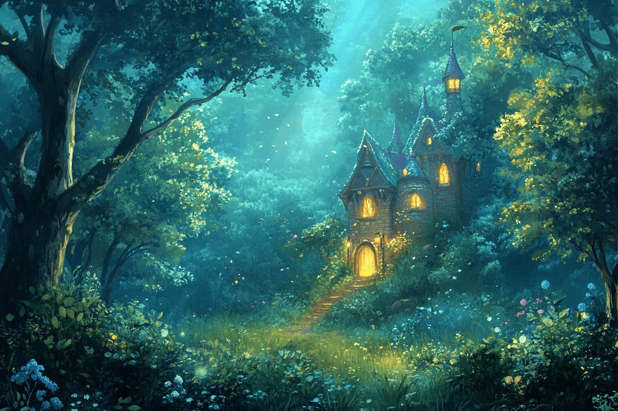 1214x809 Fantasy Castle Mural Wallpaper. Enchanted Forest with Glowing Windows