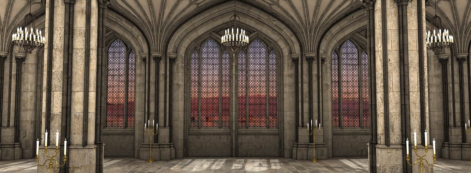 1600x589 Grand Gothic Architecture Mural Wallpaper in Stone Grey with Arched Windows