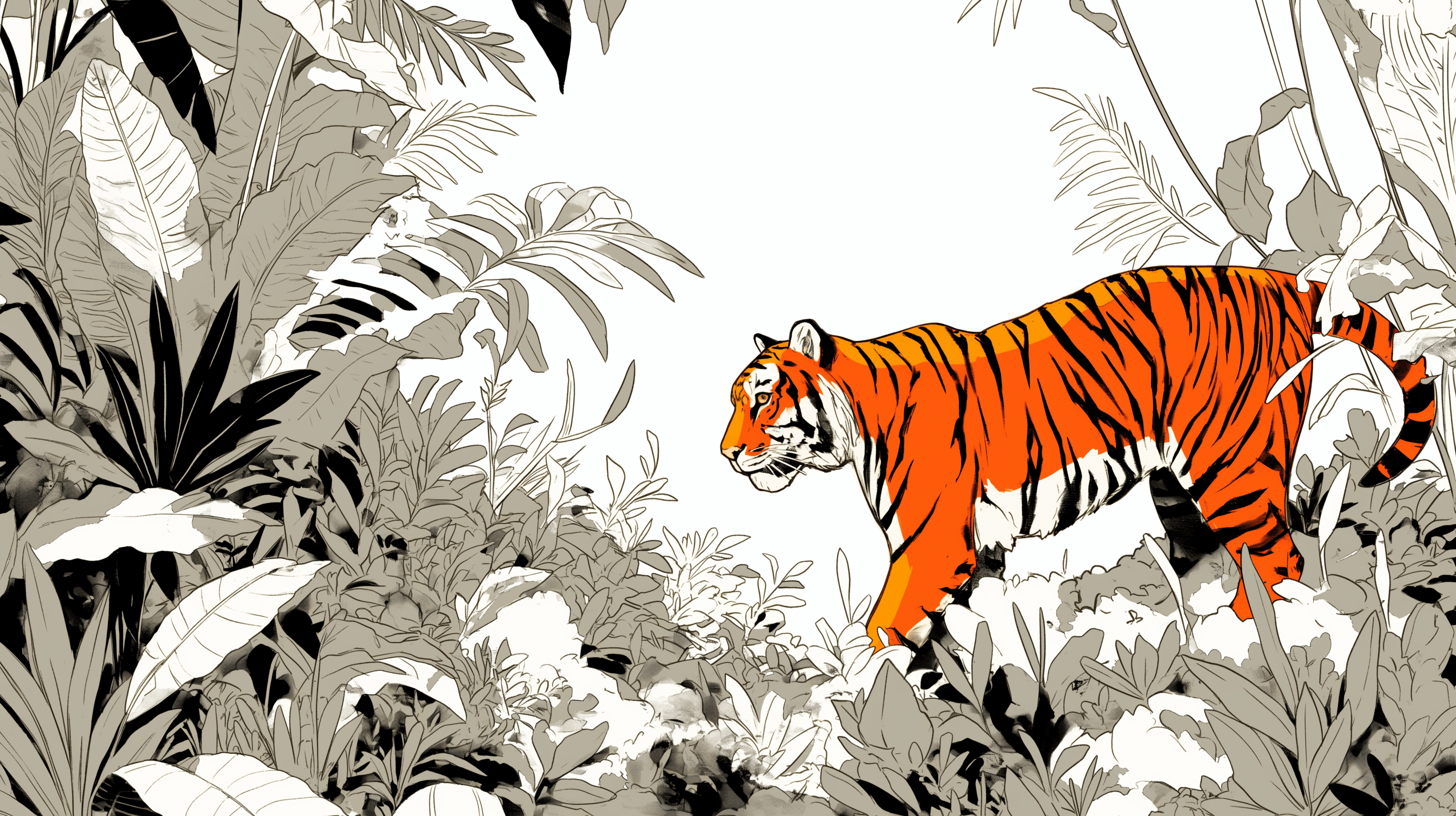 2912x1632 Tiger Wallpaper. Monochrome Drawing and Colorful Tiger