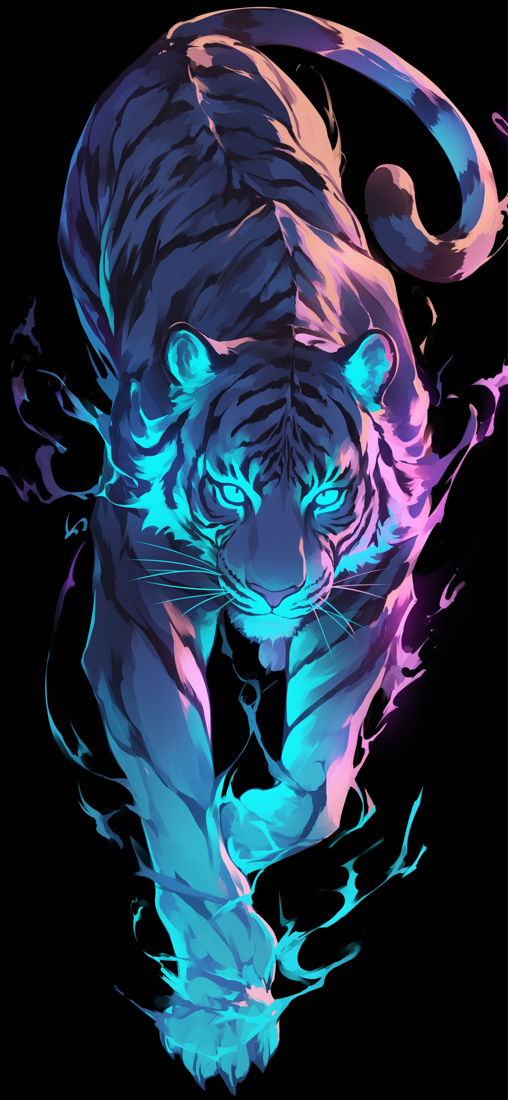 2000x4329 Neon Tiger Black Background Wallpaper Wallpaper HD