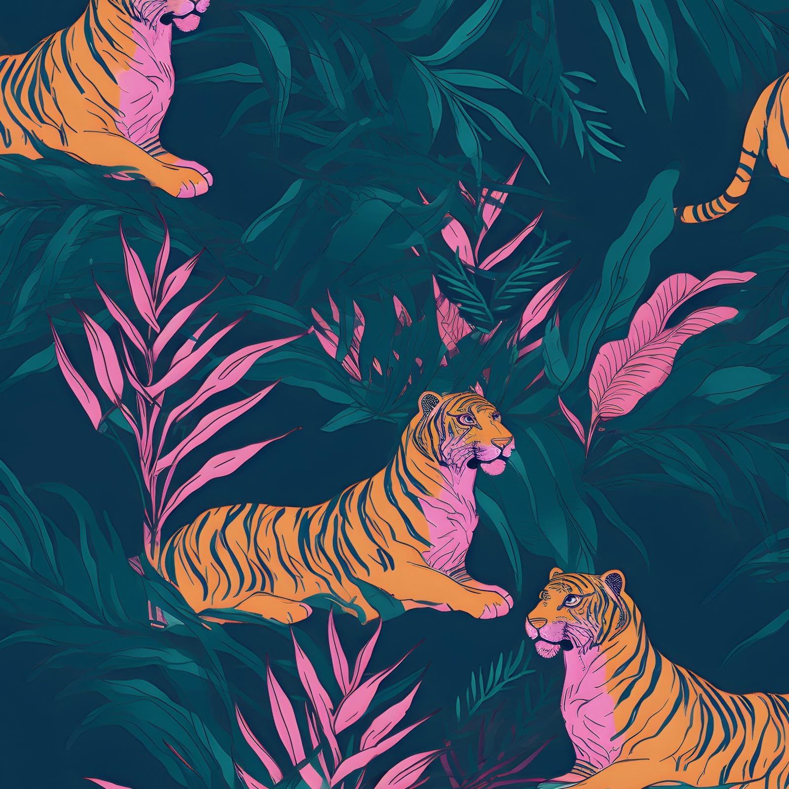 1600x1600 BOKEBEVE Tropical Tiger Wallpaper Peel and Stick Green Pink 17.5 x 118In. Removable Self Adhesive Renter Friendly Jungle Tiger Wall Paper for Bedroom Bathroom Living Room Feature Accent Wall