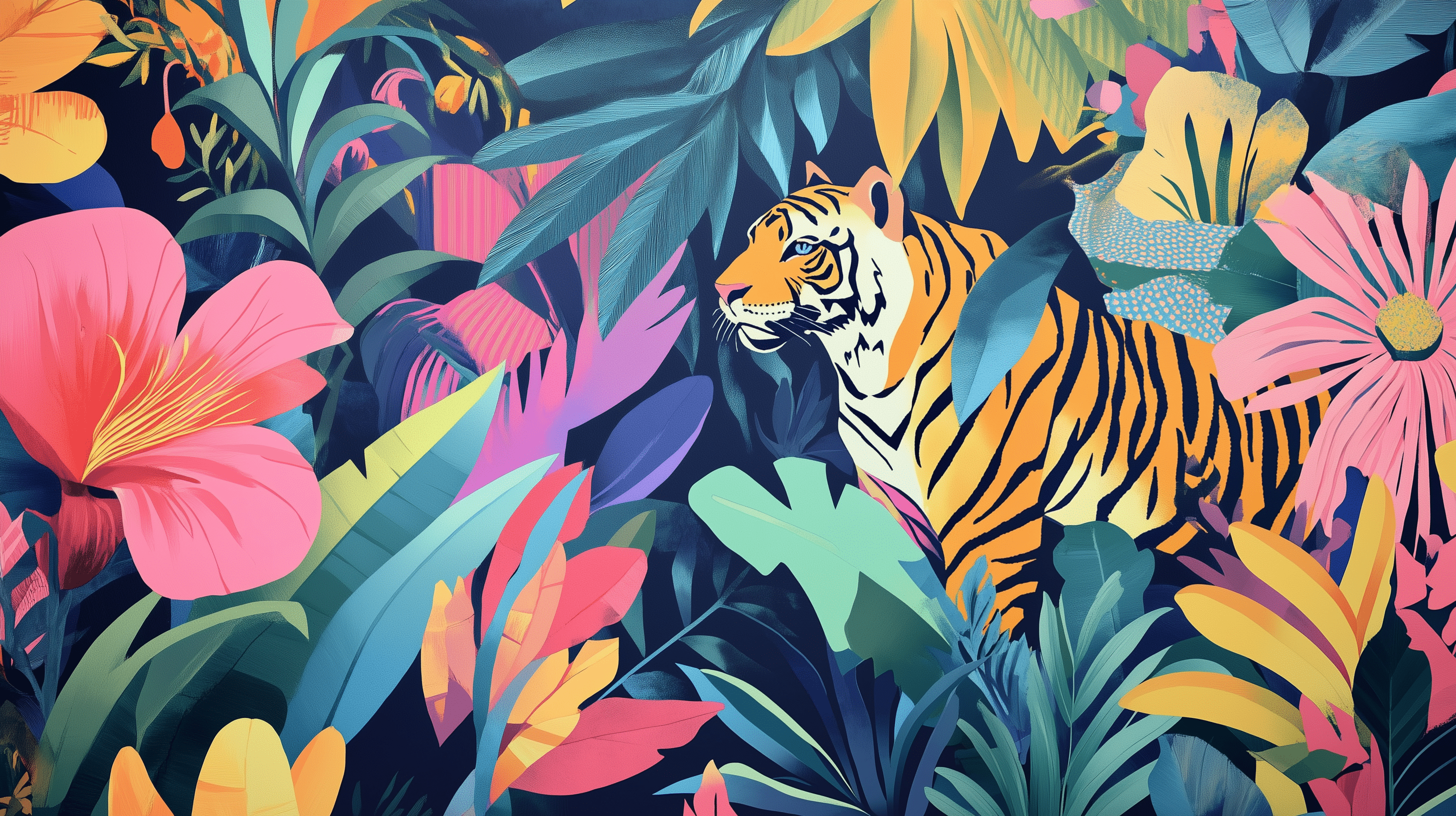2912x1632 Colorful Tiger Wall Mural, Jungle Decor, Tropical Animal Art, Vibrant Wildlife Print, Peel and Stick Exotic Floral Wallpaper