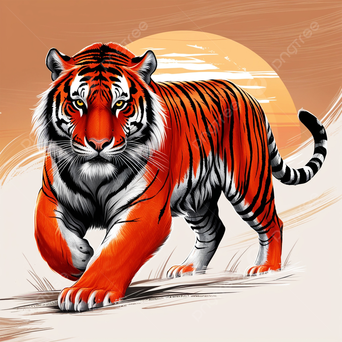 1200x1200 Regal Full Body Tiger Art With Realistic Fur And Vibrant Details, Tiger Illustration, Majestic Tiger Art, Sunset Tiger Artwork Background Image And Wallpaper for Free Download