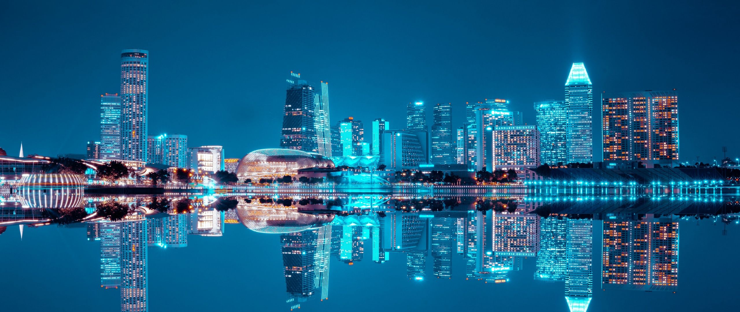 2560x1080 City Skyline Wallpaper 4K, Singapore, Blue hour, Night life