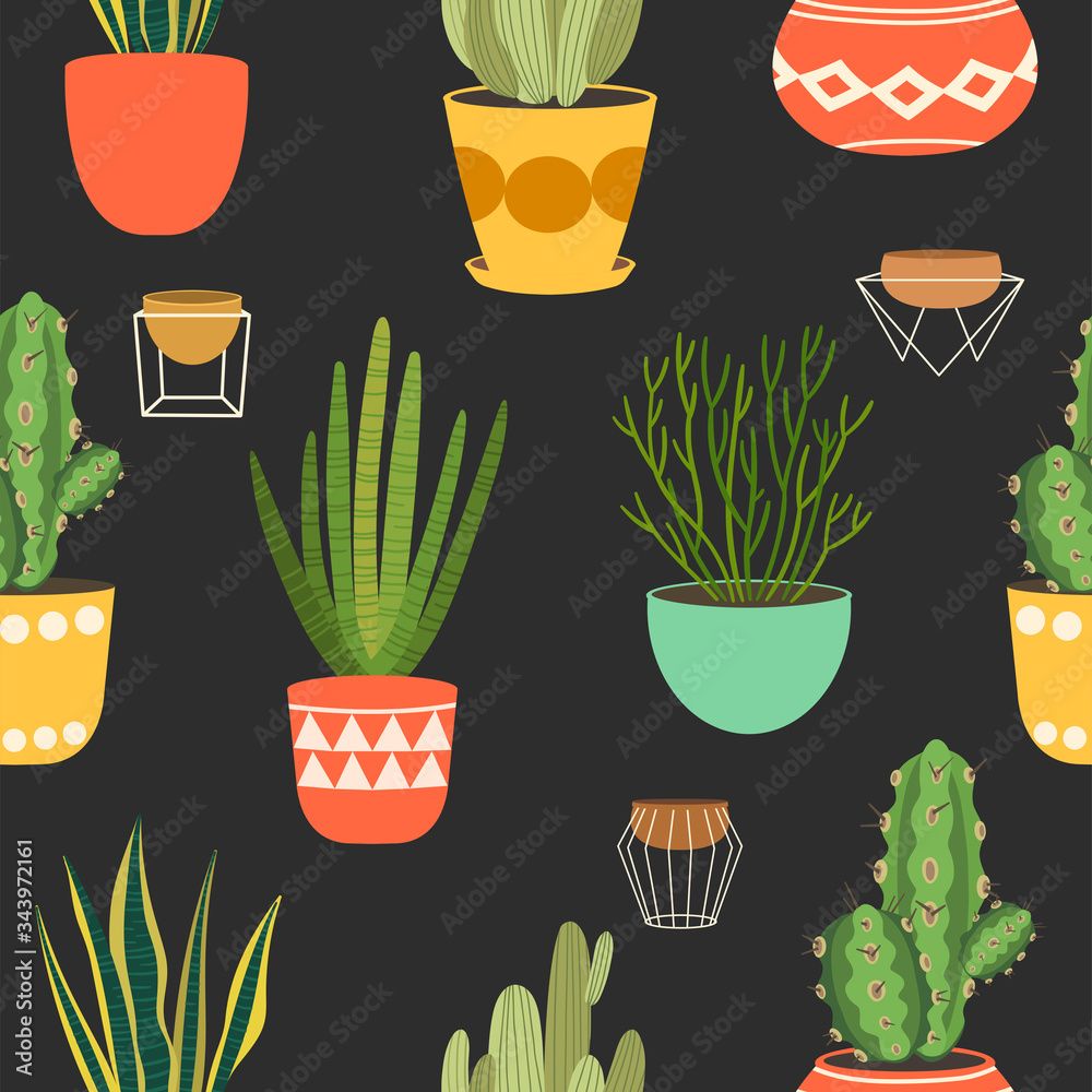 1000x1000 Houseplants flat seamless pattern. Potted succulent and cactus natural background. Sansevieria leaves, decorative snake plant foliage texture. Botanic wrapping paper, wallpaper vector design Stock Vector