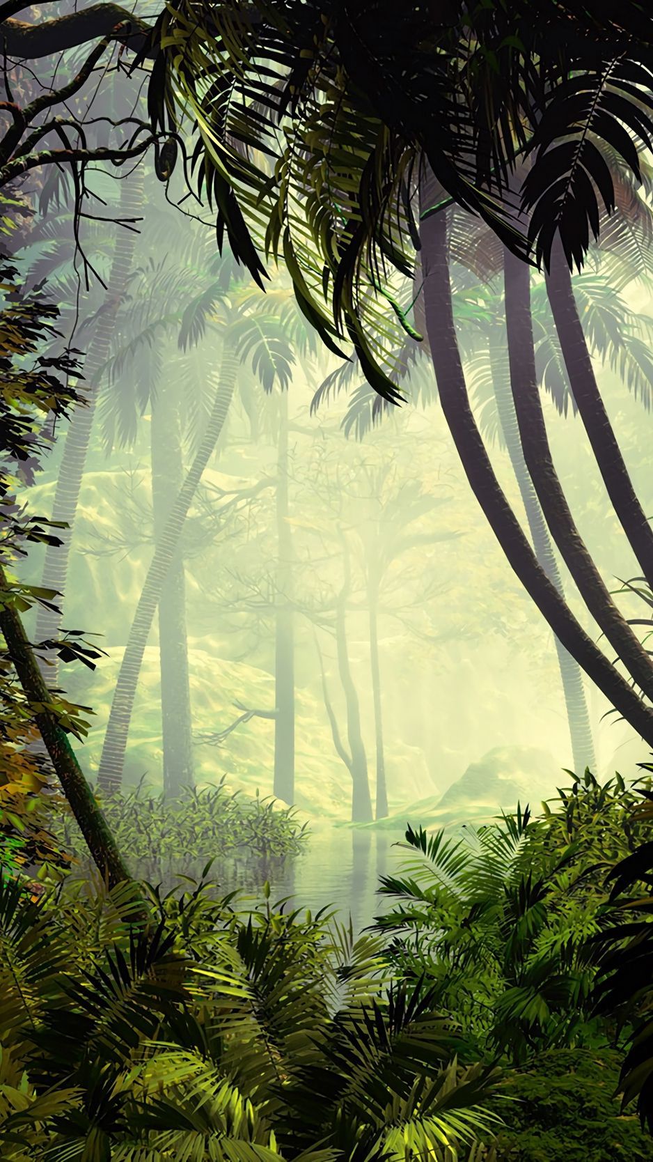 938x1668 Palm trees, trees, jungle, fog wallpaper