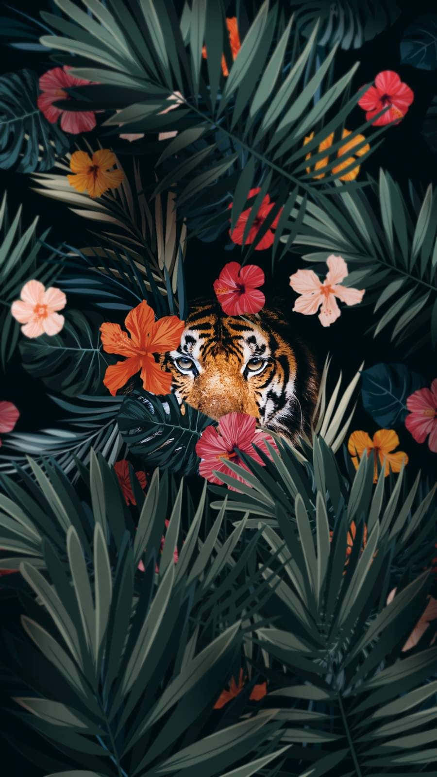 900x1600 Download Tiger In Floral Jungle Wallpaper