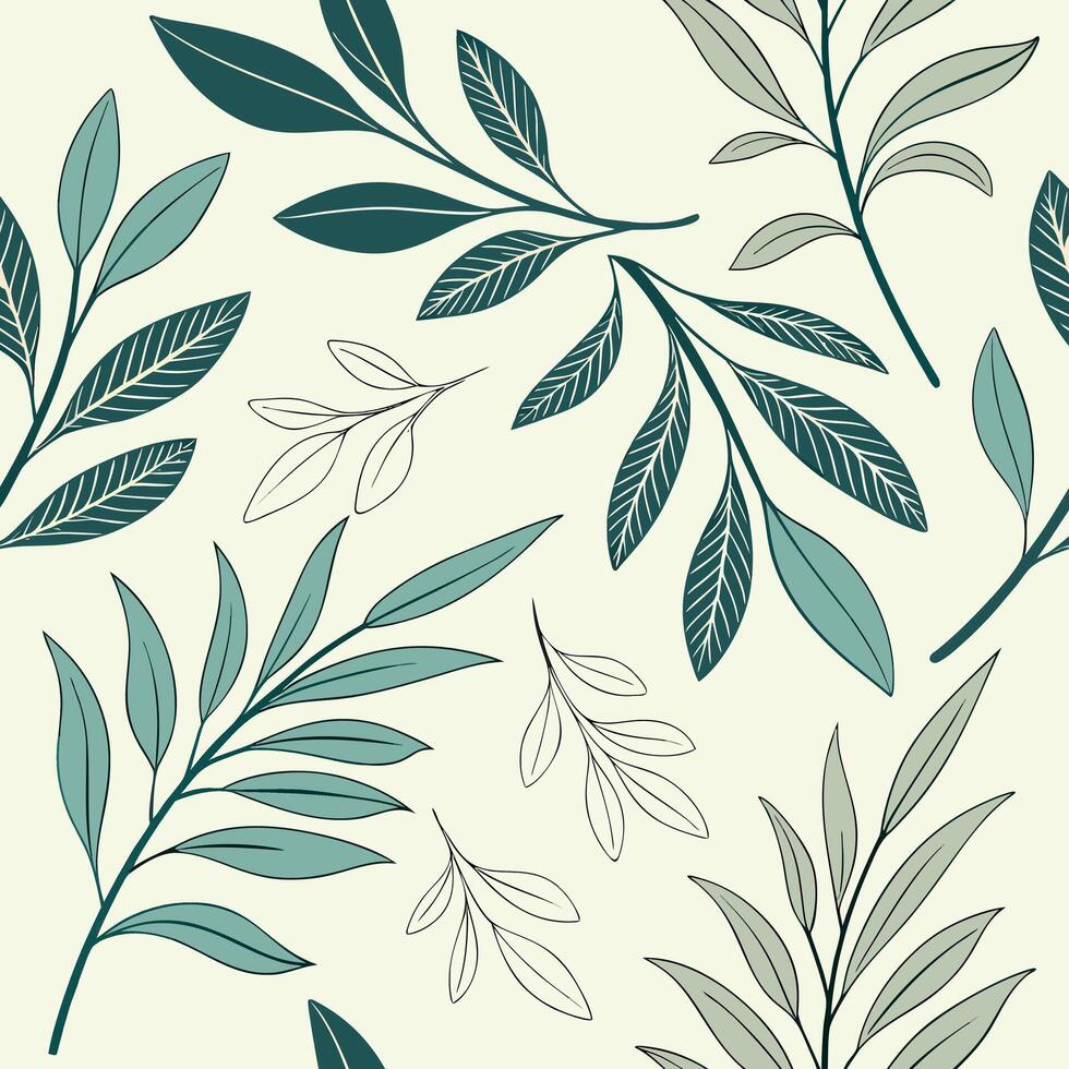 980x980 Seamless botanical leaf pattern featuring various shades of green and blue leaves on a light cream background ideal for nature inspired designs and textile prints