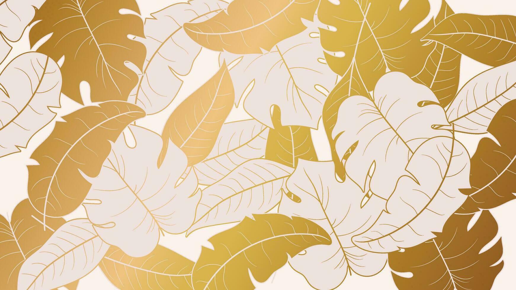 1742x980 Abstract foliage gold texture vector background. Luxury leaf wallpaper of tropical leaves, monstera, plants in hand drawn pattern. Botanical jungle illustrated for banner, prints, decoration, fabric