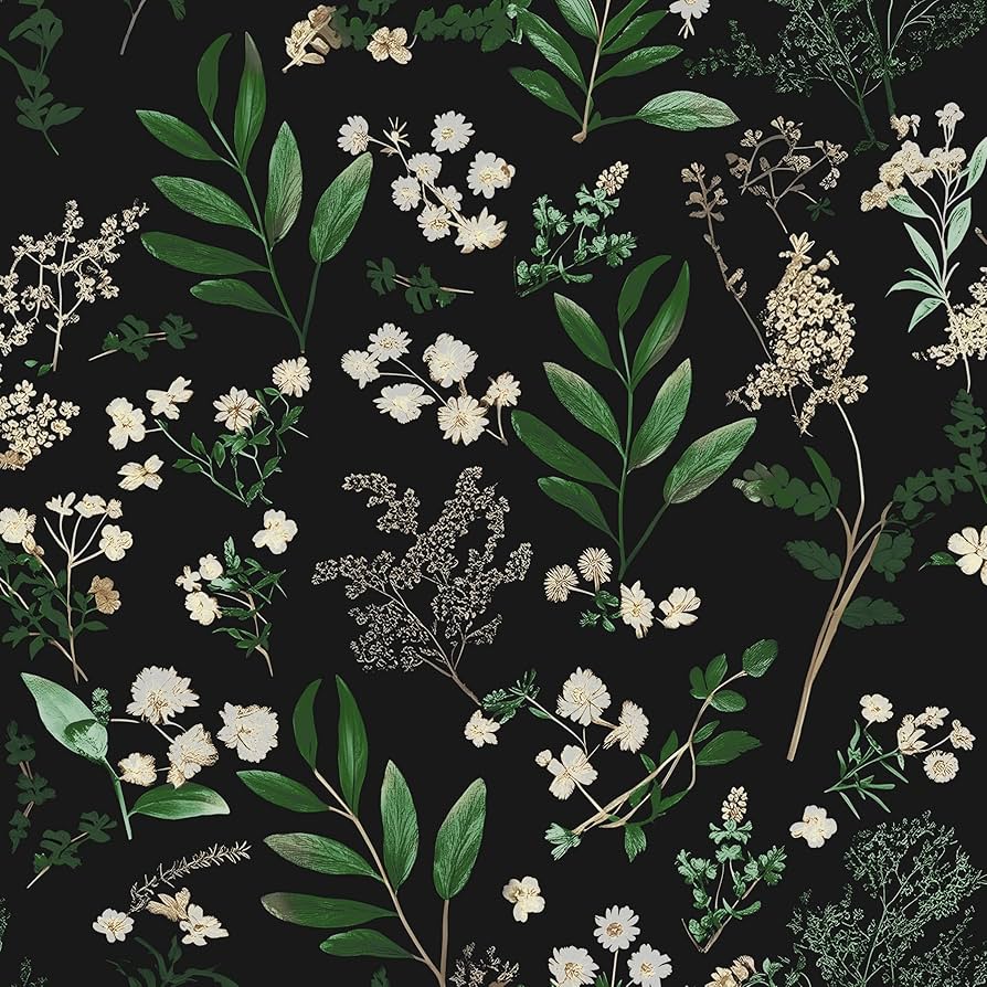 894x894 Laatse Dark Floral Wallpaper Peel and Stick Green Leaf Wallpaper Vintage Flowers Contact Paper Waterproof Self Adhesive Boho Delicate Wall Paper for Cabinet Kitchen Walls Locker 17.5in x9.8ft