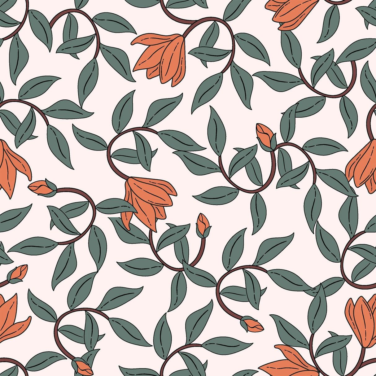 1214x1214 Art Nouveau Floral Wallpaper. Retro Botanical Design with Orange Blooms
