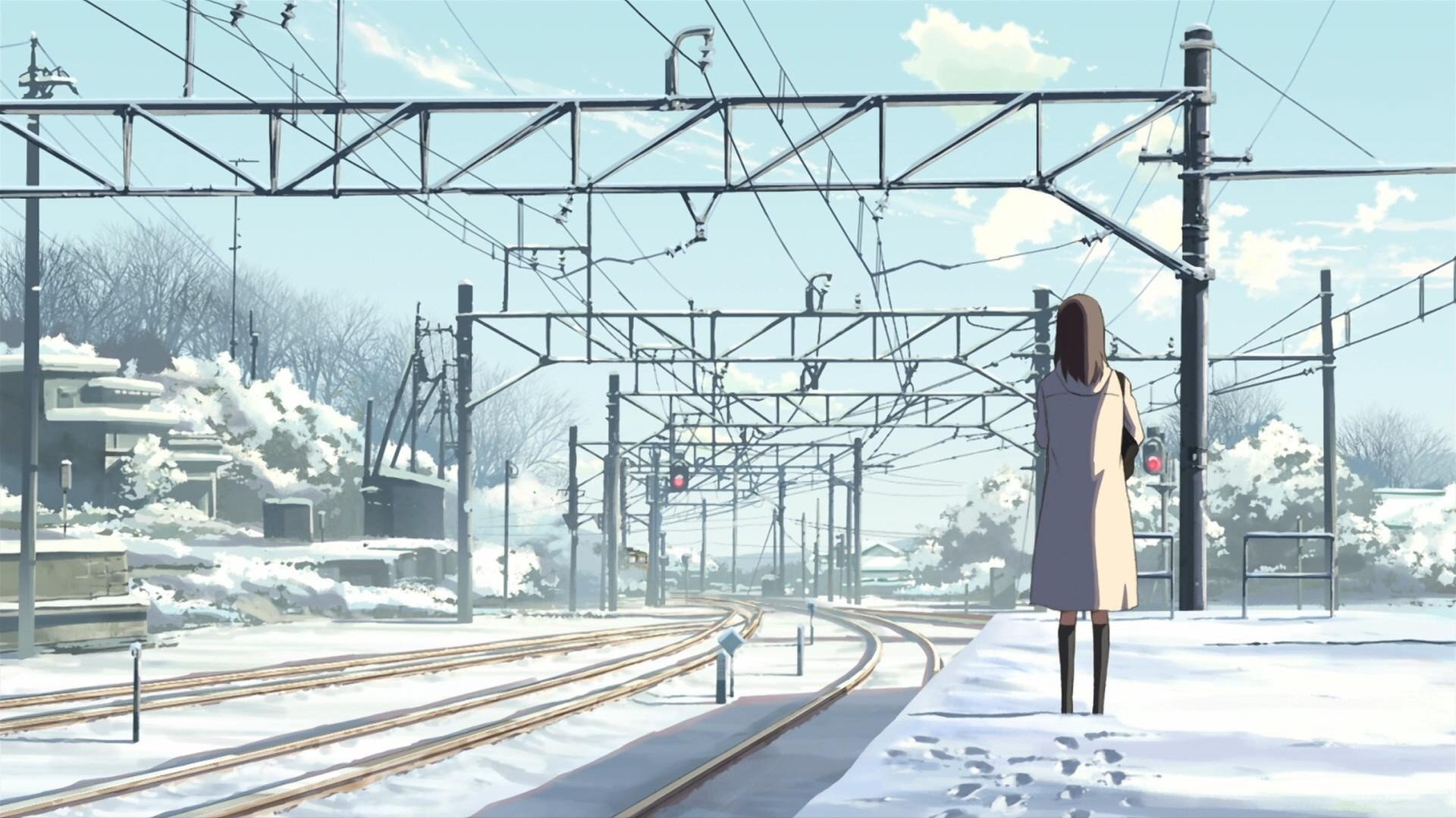 1920x1080 Wallpaper winter, the sky, snow, traces, posts, wire, rails, station for mobile and desktop, section сёнэн, resolution 1920x1080