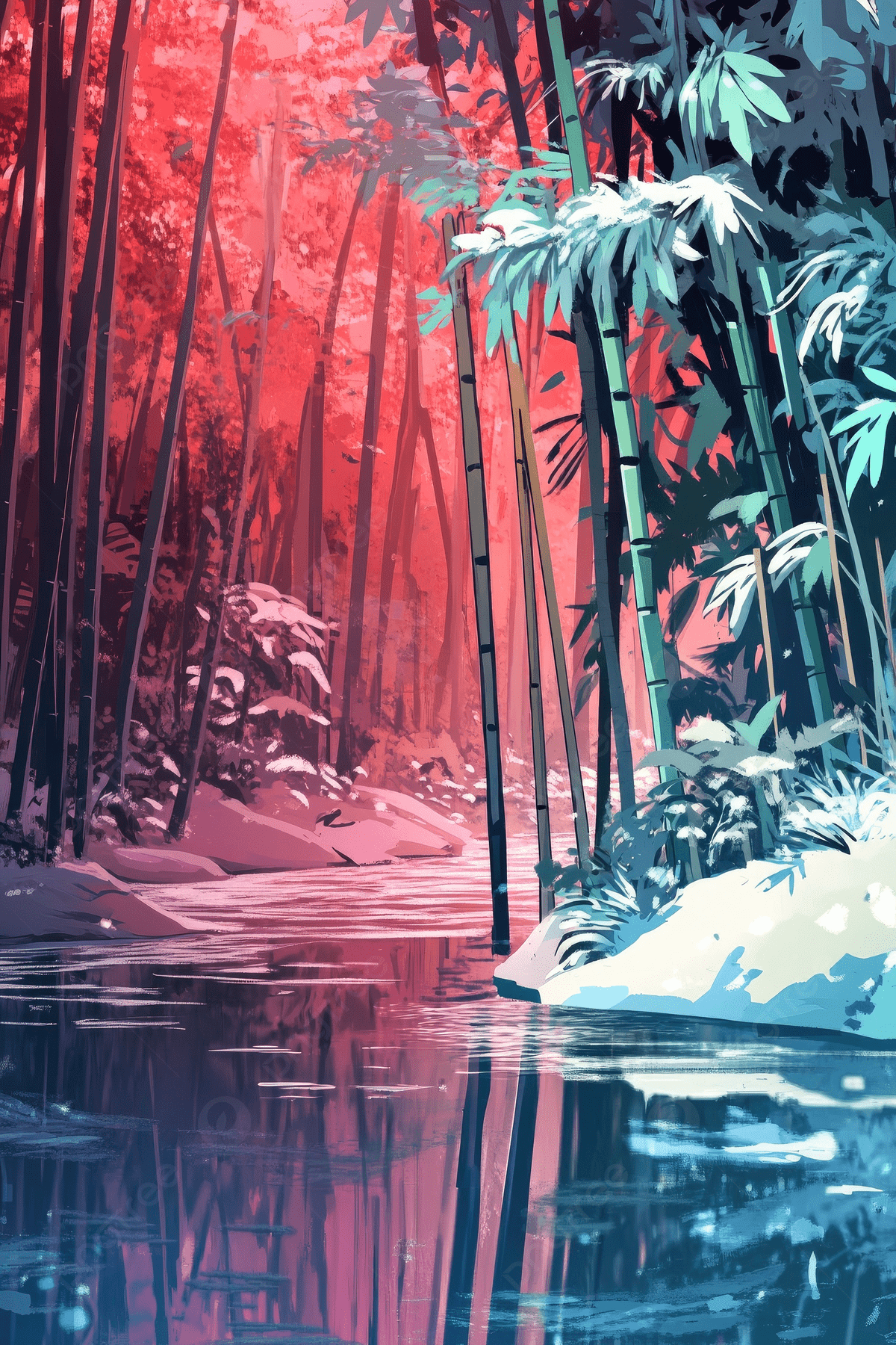 1200x1800 An Anime Style Conceptual Art Of A Bamboo Forest Winter Scene In Bright Colors And Water The Foreground Background Wallpaper Image For Free Download