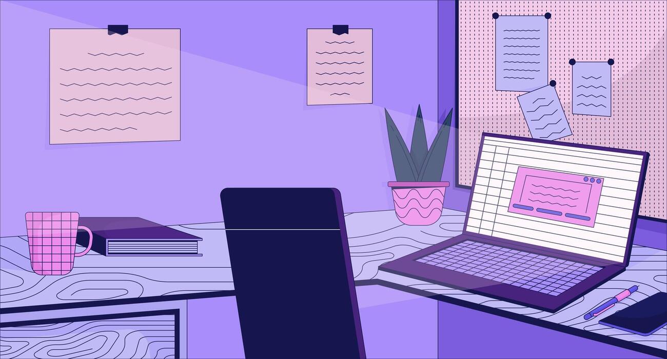 1300x700 Laptop home office desk 2D cartoon background. Workspace late night colorful aesthetic illustration, nobody. Cubicle corporate job. Workstation table sticky notes flat wallpaper art, lofi image