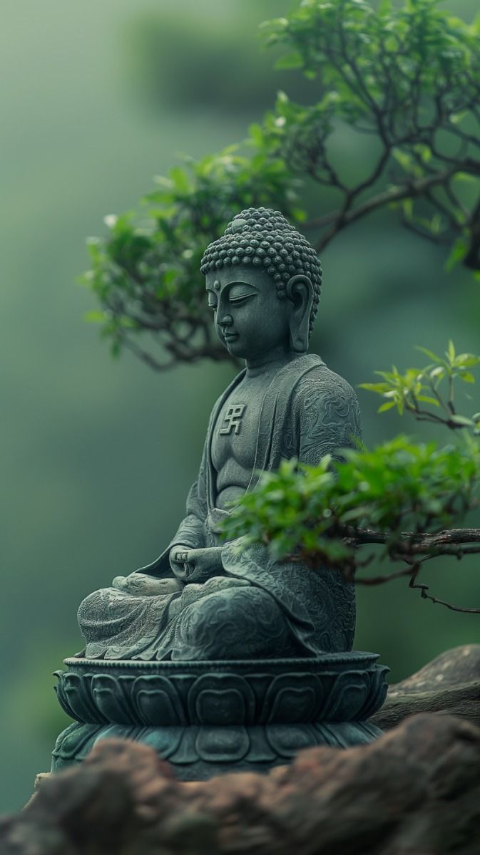 673x1200 Majestic Meditation: Buddha Statue in a Foggy Mountain Paradise