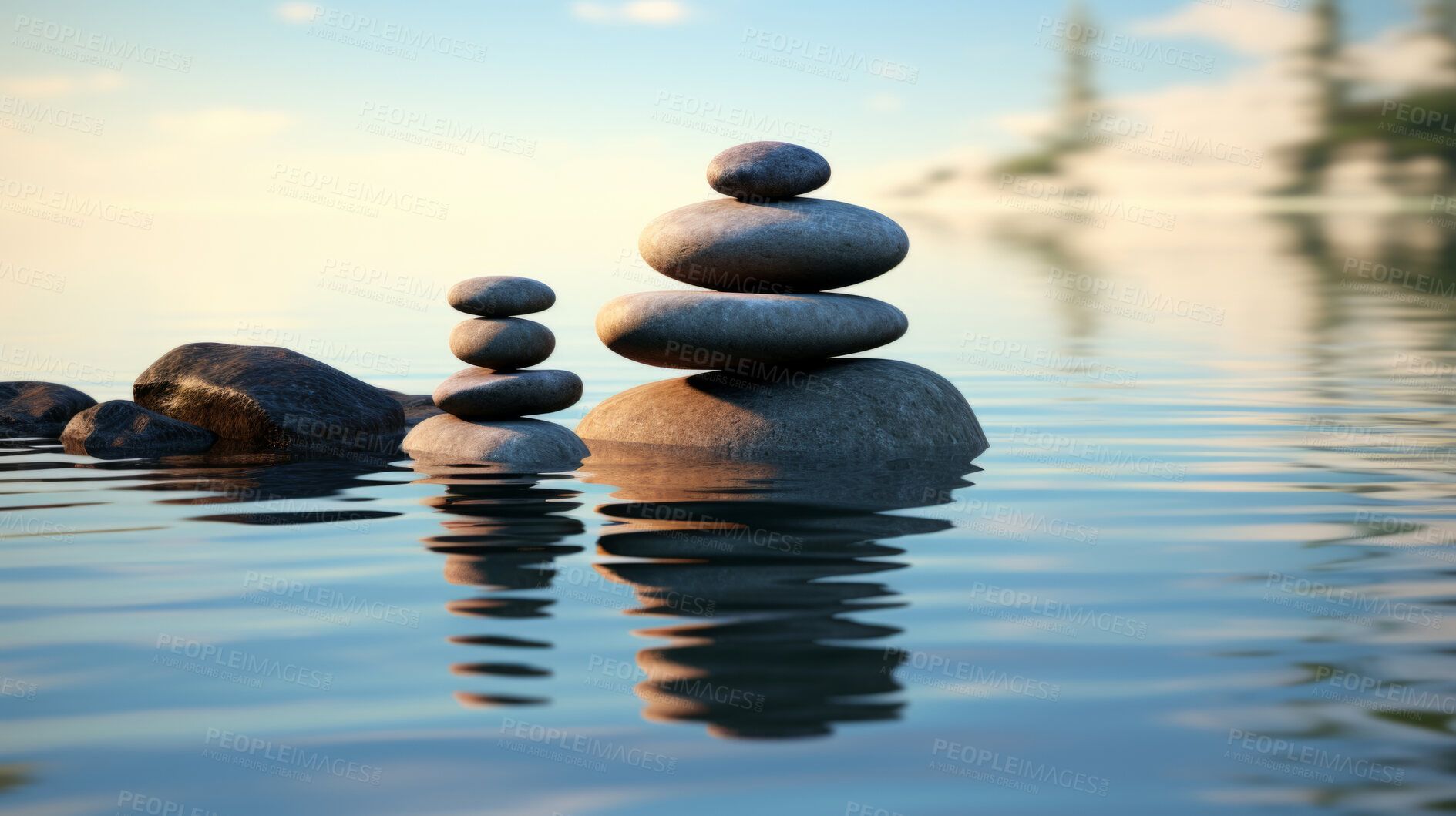 1889x1059 Stacked Zen Stones, Meditation And Concentration For Mindfulness Practise And Peace. Wallpaper, Background And Balance With Copy Space For Mind, Body And Soul. Rocks On Water Or Ocean At Sunset