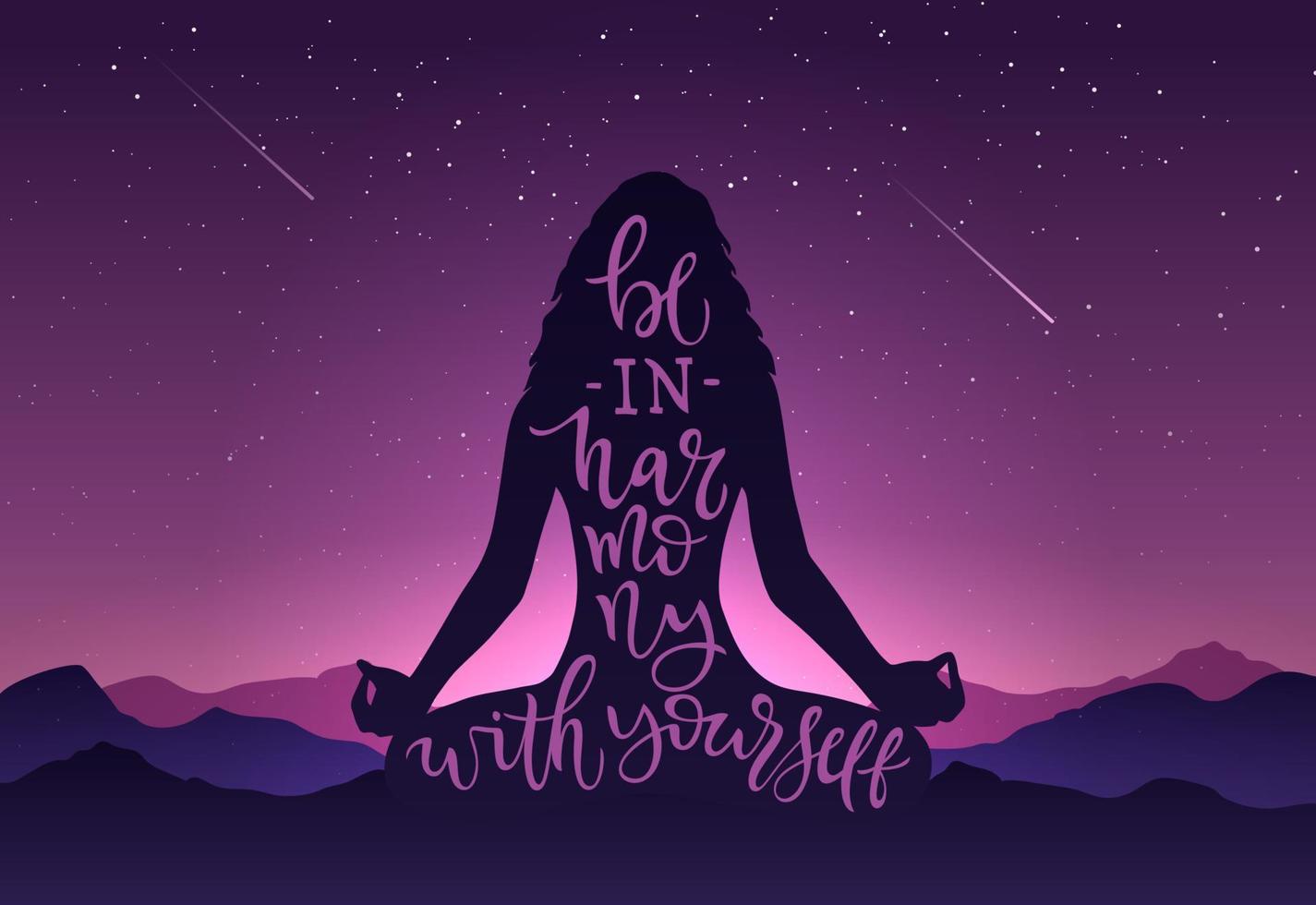 1425x980 Illustration silhouette of girl in meditation with calligraphy BE HARMONY WITH YOURSELF on background of mountains, sky, stars. Vector template with lettering for banner, poster international yoga day 12807939 Vector Art