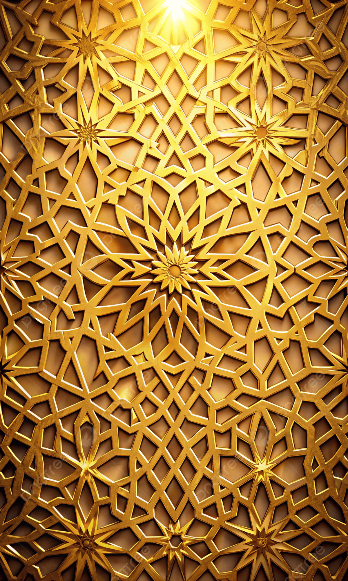 1200x2001 Ornate Golden Islamic Geometric Pattern With Radiant Light Effect Perfect For Stylish Wallpaper Background Wallpaper Image For Free Download