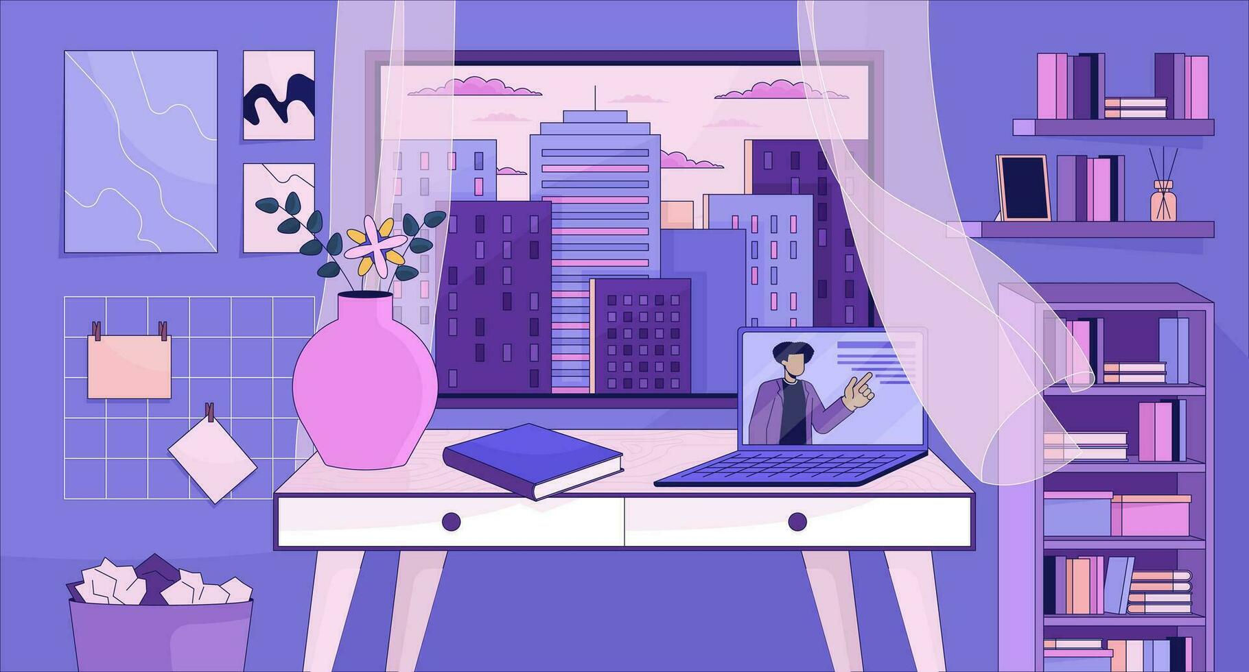 1820x980 Cozy Study Space With Bookshelves Lofi Wallpaper. Laptop Table At Window Evening Cityscape 2D Cartoon Flat Illustration. E Learning. Dreamy Vibes Chill Vector Art, Lo Fi Aesthetic Colorful Background 36346122 Vector Art At