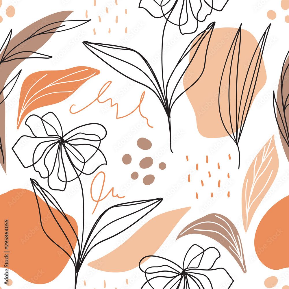 1000x1000 Image vectorielle Stock Modern floral seamless pattern with abstract shapes for print, fabric, wallpaper. Scandinavian aesthetic background. Hand drawn floral background