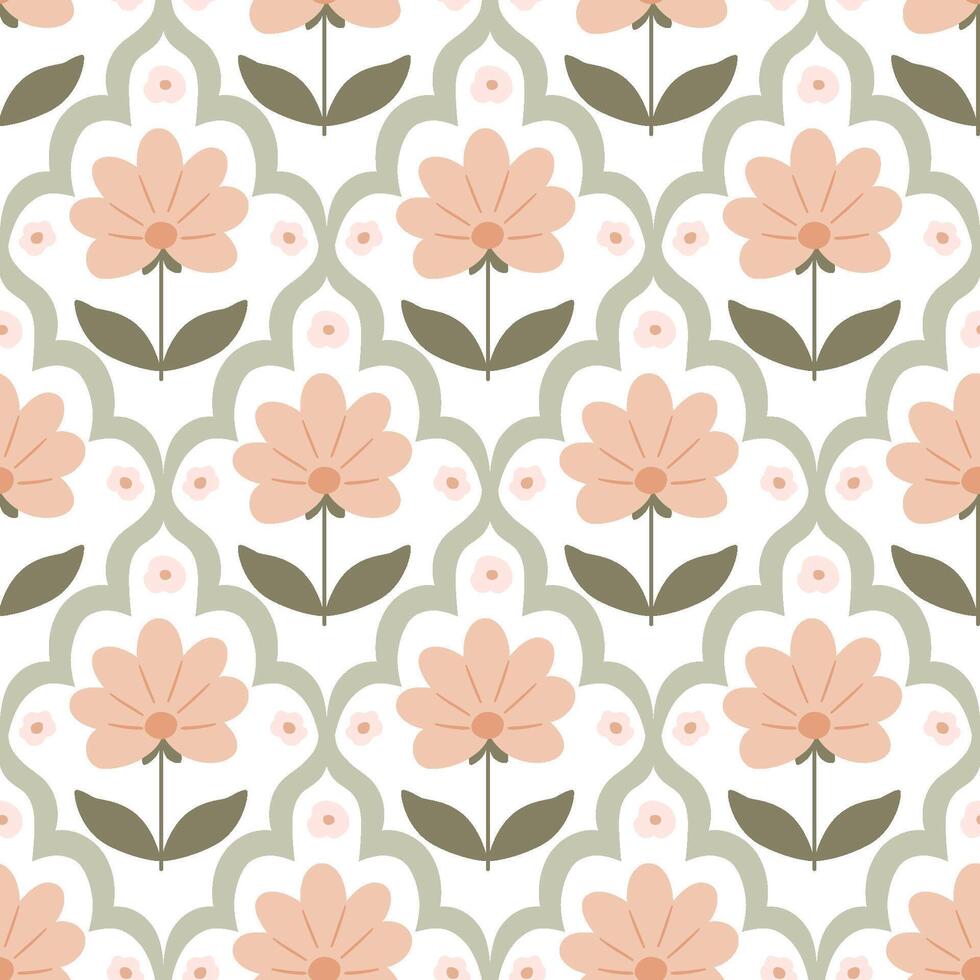 980x980 Damask floral hand drawn wallpaper. Pastel simple meadow flower seamless pattern. Vector beige botanical spring design, repeat background, Cute Easter print, rustic textile, wrap paper, scrap, fabric
