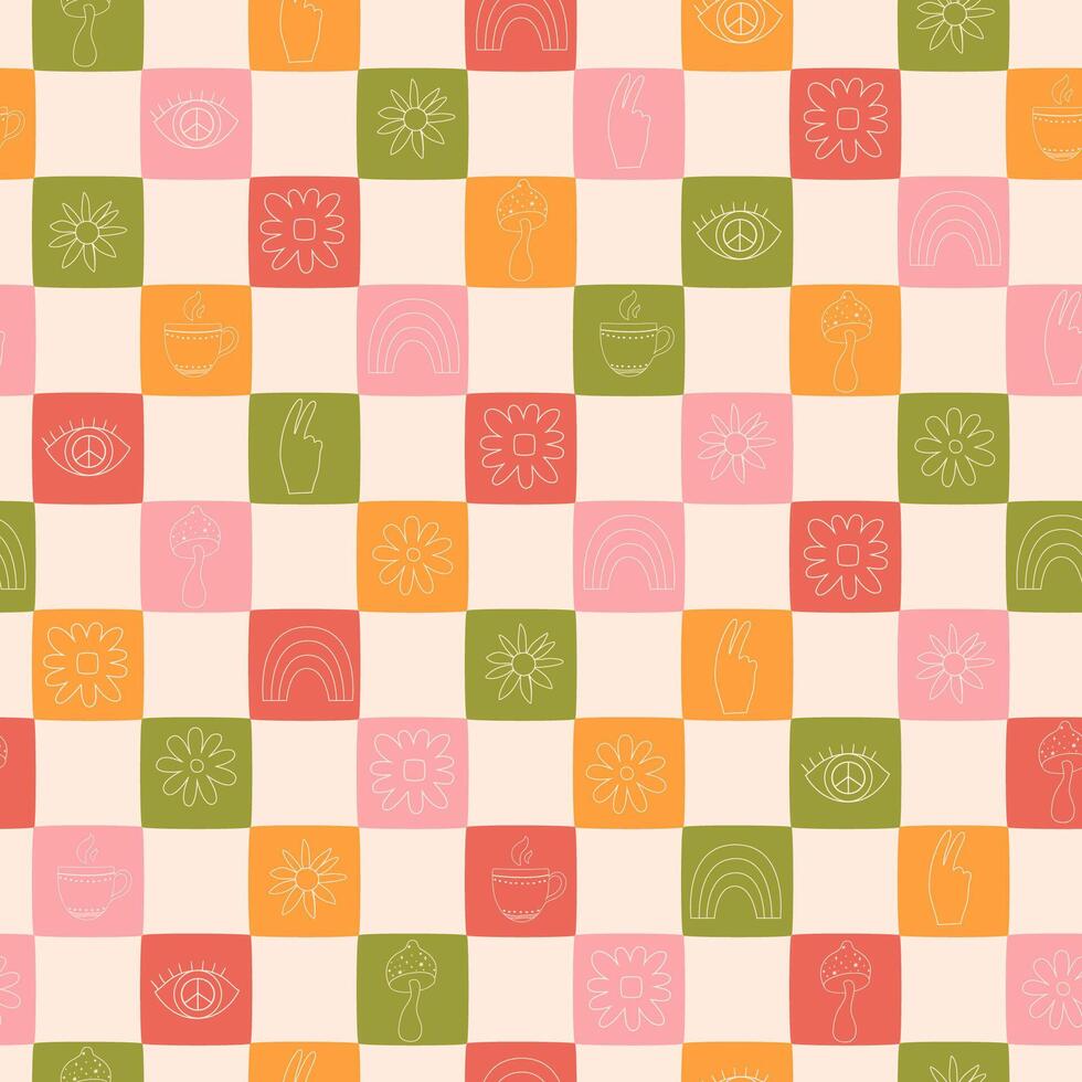 980x980 Pink checkered seamless patterns, retro repeat background. Summer checkerboard wallpaper. Vector print with simple psychedelic elements rainbow, cup, hand, eye Cute textile design, fabric, wrap paper