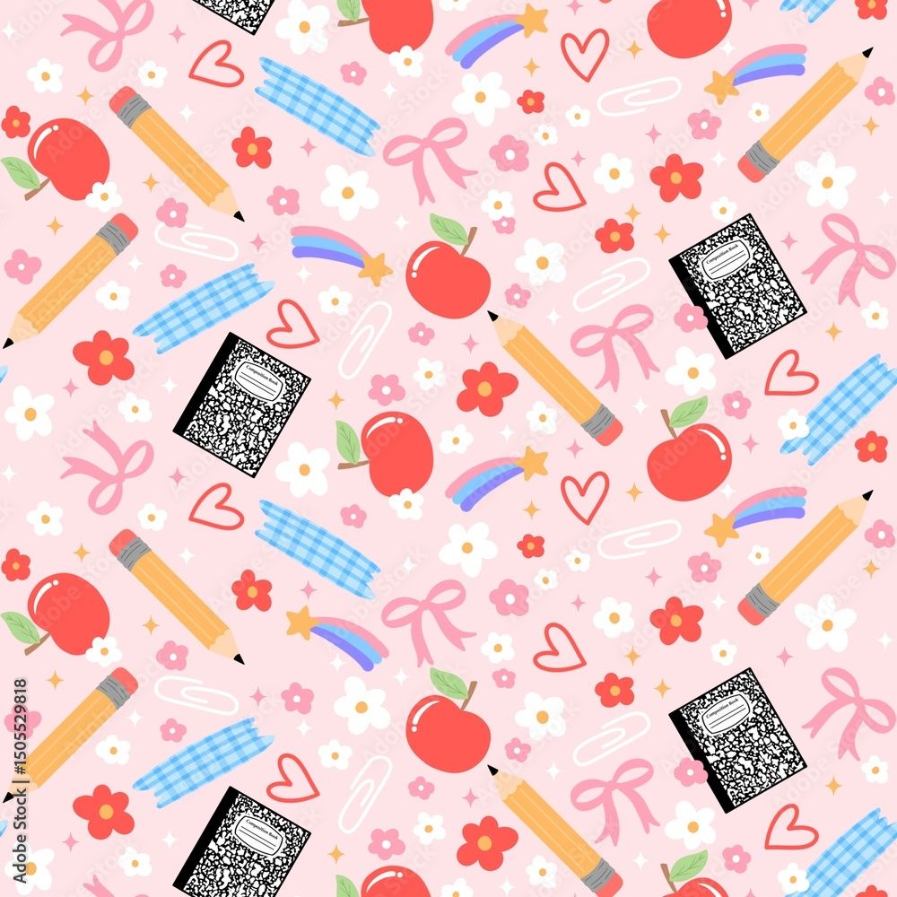 1000x1000 Pastel school supplies seamless pattern, Groovy teacher digital paper background wallpaper Stock Illustration