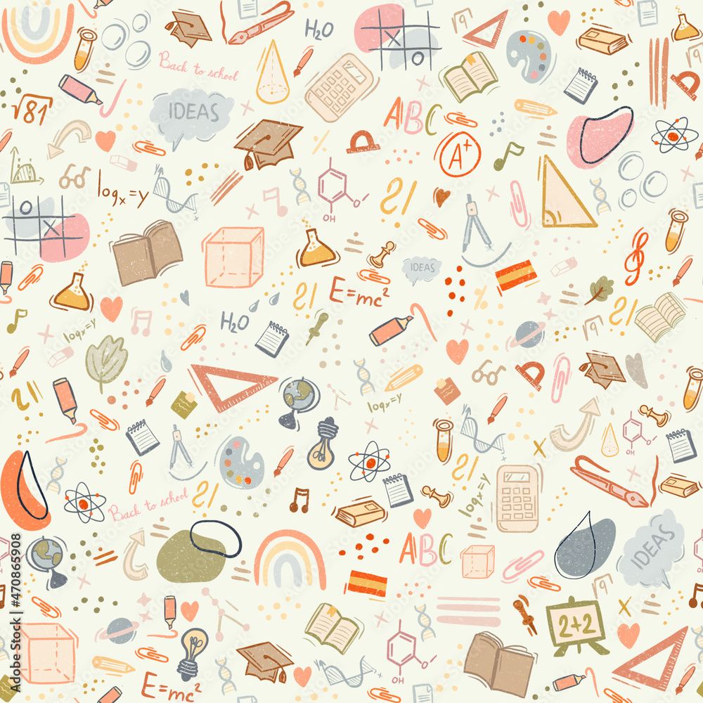 1000x1000 School doodles colourful seamless pattern design. Cute isolated texture wallpaper for covers, print, stickers. Hand drawn educational for kids, kindergarten decoration student design background. Stock Illustration