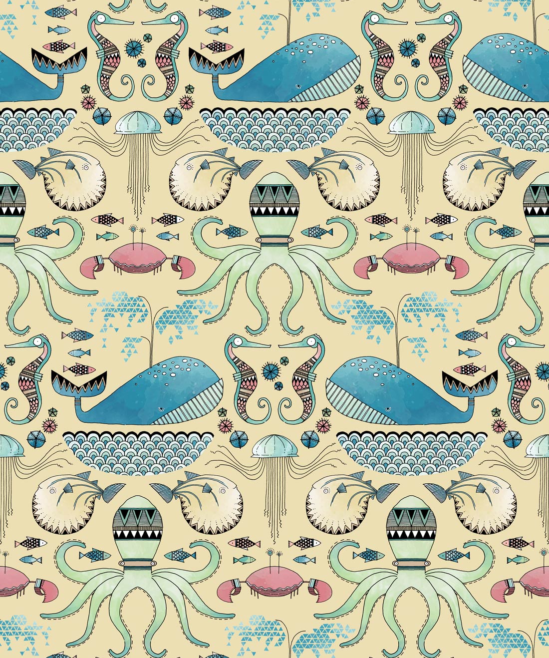 1100x1318 Under The Sea, Brightly Patterned Designer Wallpaper