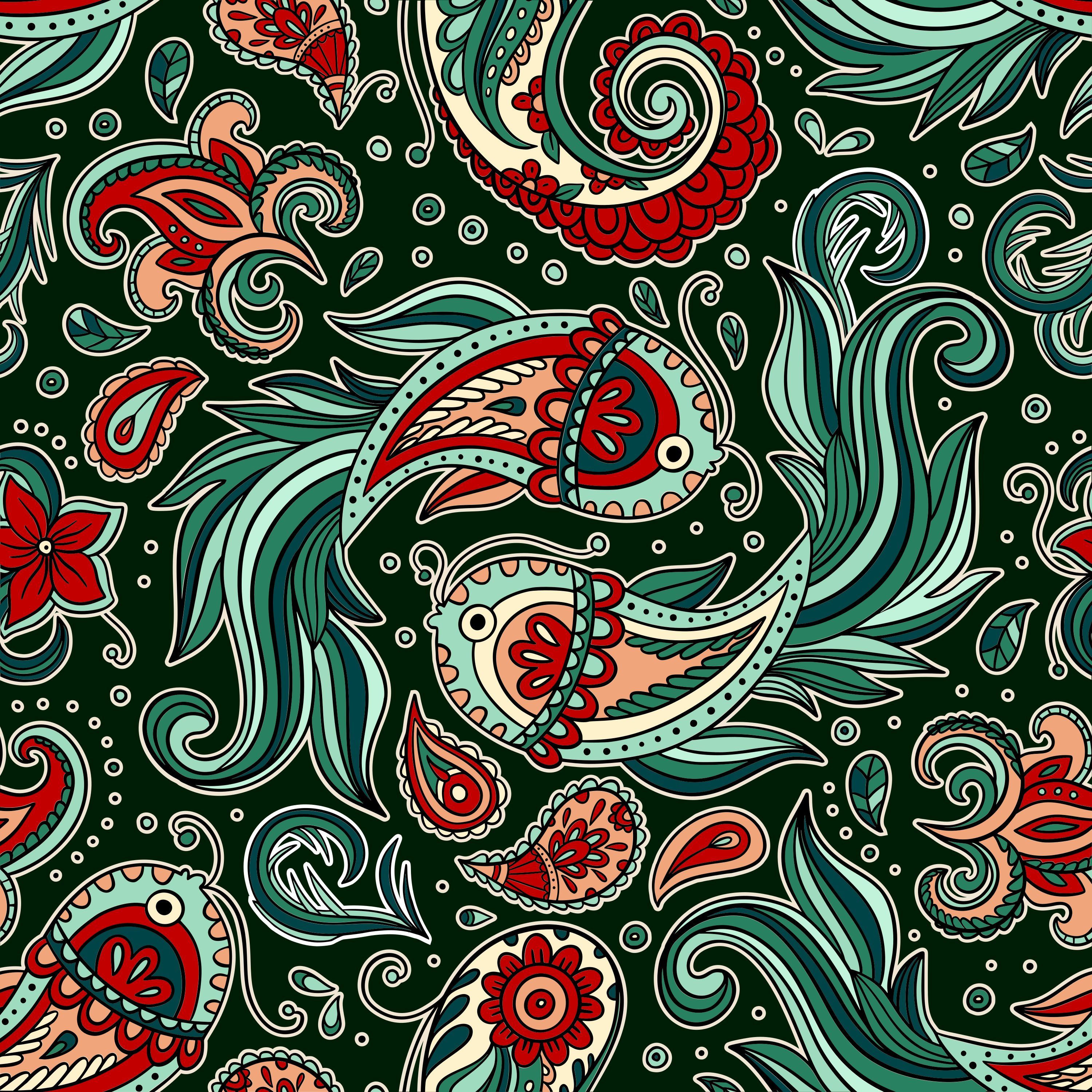 3000x3000 Colorful paisley pattern with birds and floral elements vector