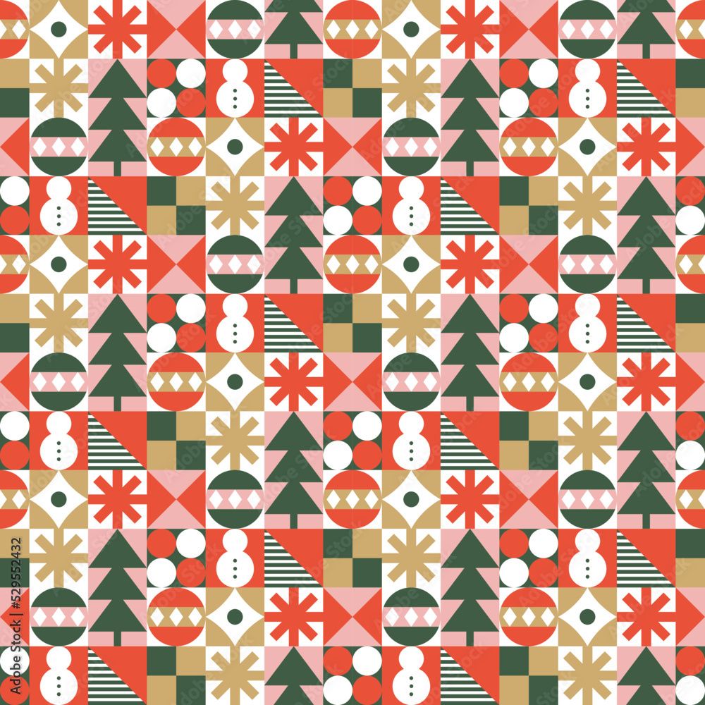 1000x1000 Seamless pattern with geometric Christmas motifs. Repeatable pattern tile design for winter holidays in neo geometric style. For wrapping paper, wallpaper, textile, poster background, etc. Stock Vector