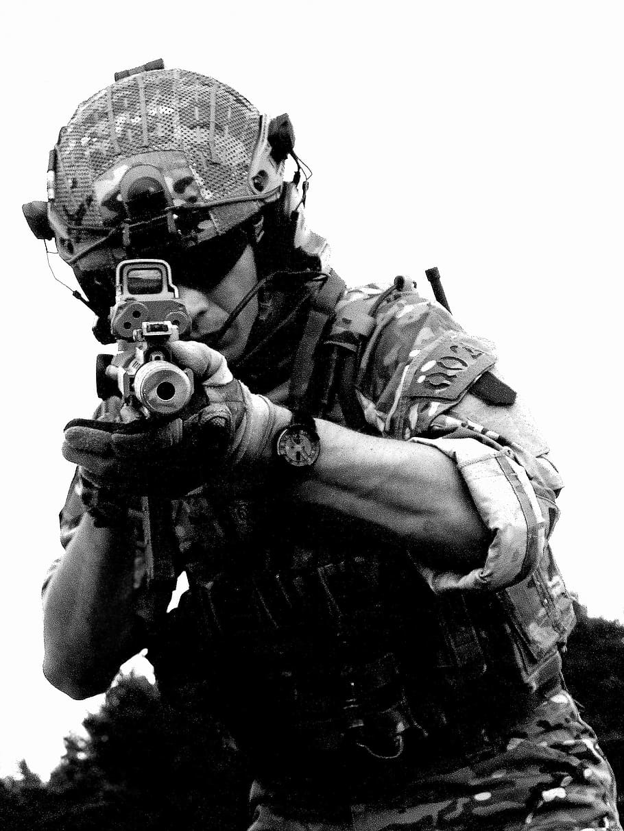 910x1213 soldier, holding, rifle, reflex sight, wearing, full, military, gear grayscale photo