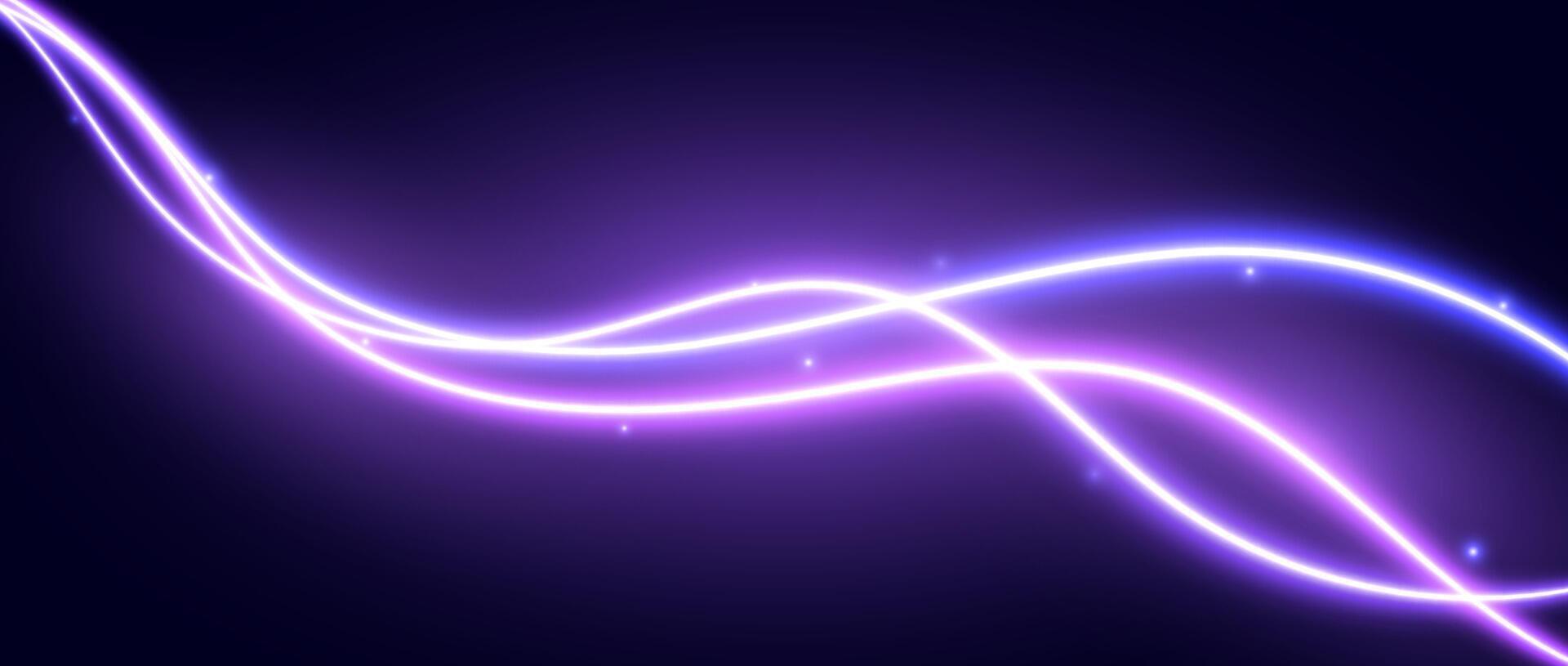 1920x815 Neon glowing waves background. Purple pink wavy flowing curve shapes wallpaper. Electric light swirl lines with sparkles. Magic shiny violet trails backdrop. Wavy path illustration