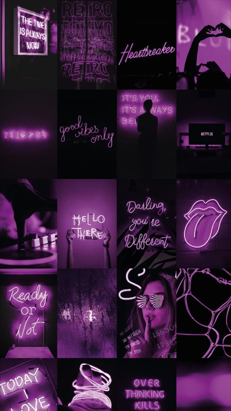736x1308 Spice up your room or dorm with this aesthetic black purple neon wall collage!. Black and purple wallpaper, Purple wallpaper iphone, Dark wallpaper iphone