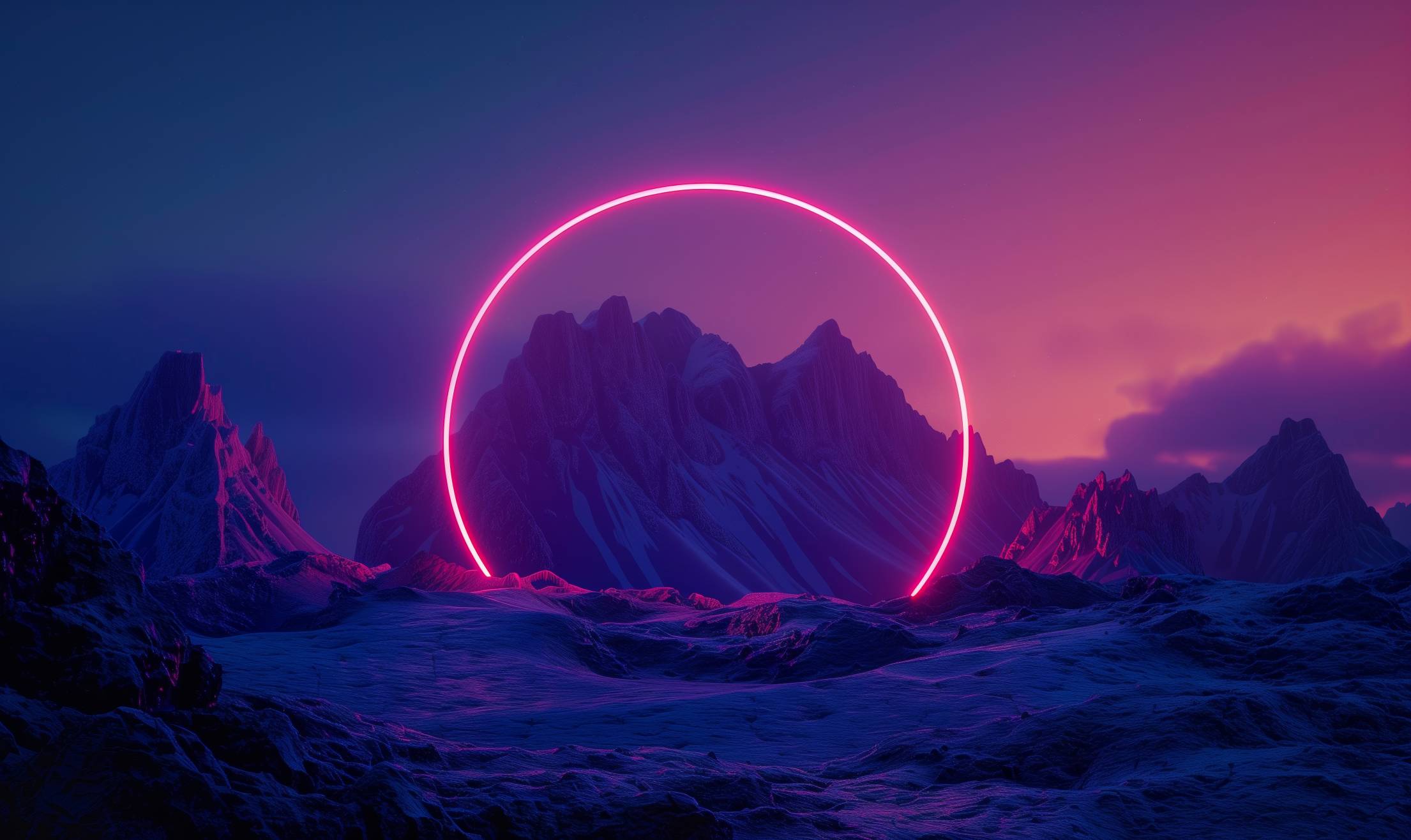 2210x1316 Abstract Wallpaper Mountains with a Neon Glowing Circle. Free Nature Image
