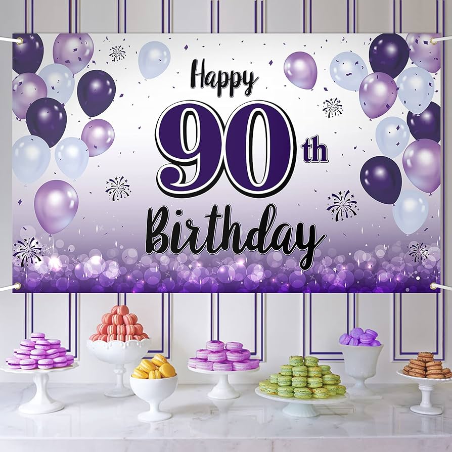 894x894 LASKYER Happy 90th Birthday Decorations, 90th Purple Balloon Large Birthday Banner Backdrop Sign, Cheers to Ninety Years Old Bday Party Supplies. : Toys & Games