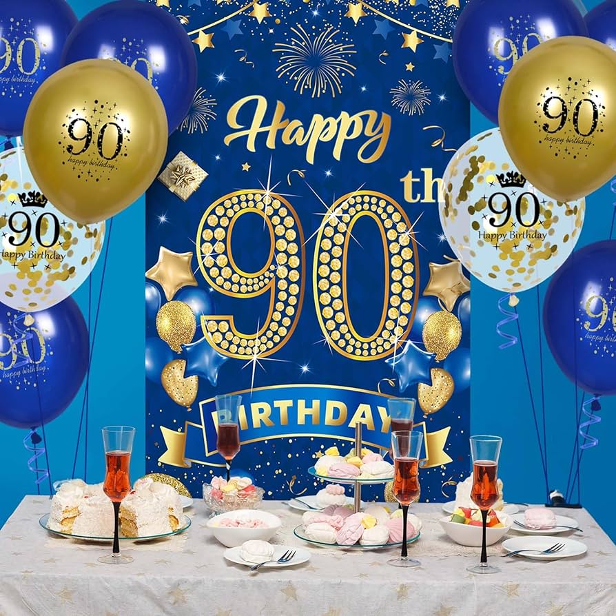 894x894 Navy Blue Gold Happy 90th Birthday Banner with 18pcs Balloons, Door Cover Backdrop for Men Women Birthday Anniversary Party Sign Porch Decor Supplies : Toys & Games