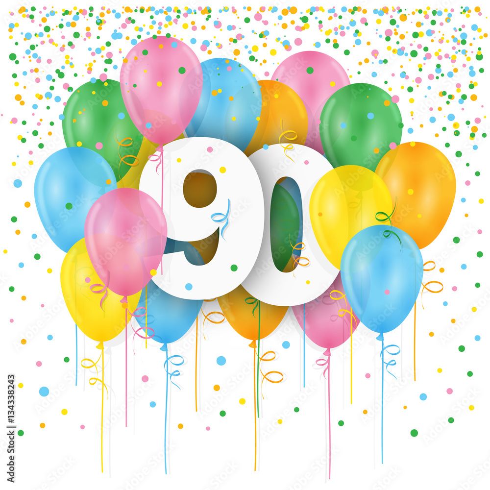 1000x1000 HAPPY 90th BIRTHDAY / ANNIVERSARY card with bunch of multicoloured balloons Stock Vector
