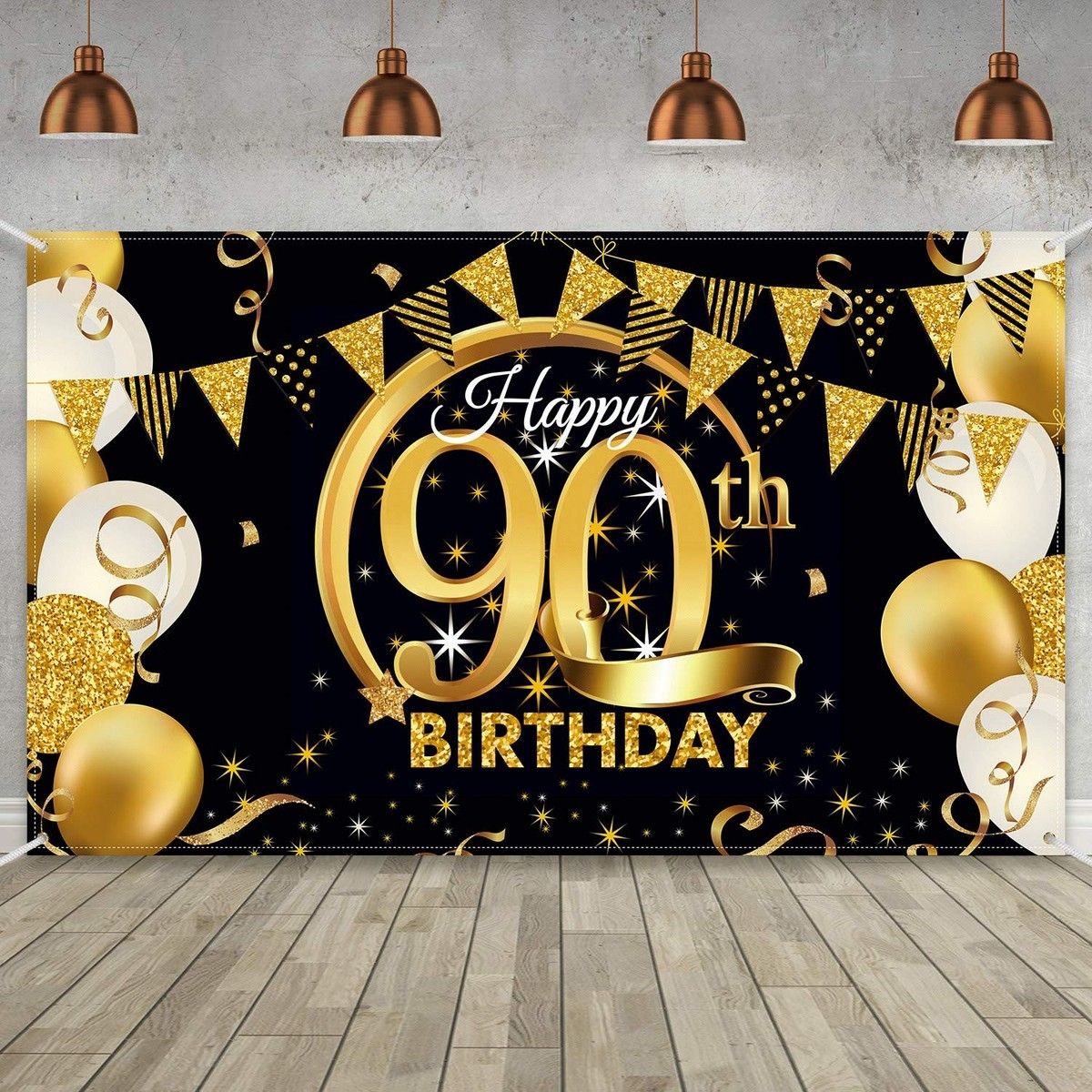 1200x1200 Happy 90th Birthday Backdrop Banner Extra Large Black and Gold 90th Birthday