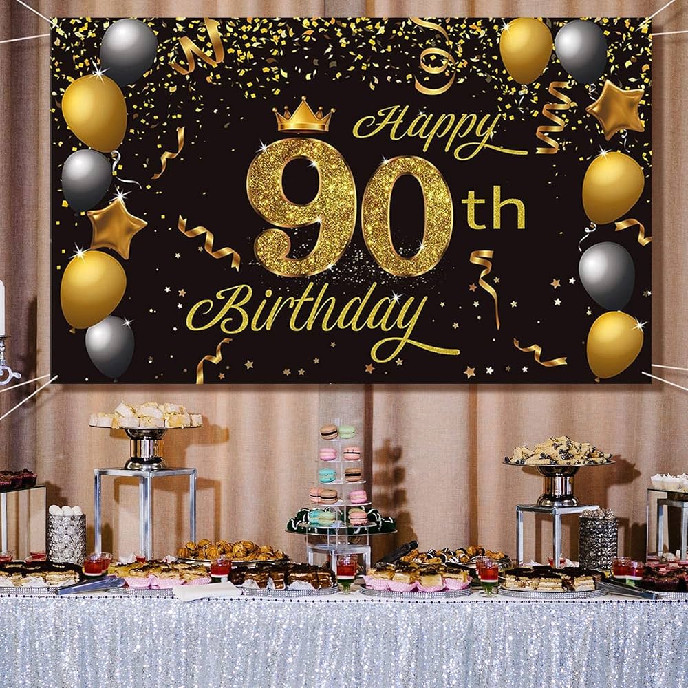 1000x1000 Crenics Happy 90th Birthday Photo Backdrop Extra Large Gold Black 90th Birthday Decoration Party Supplies Banner for Women Men 1.6x1m : Amazon.de: Toys