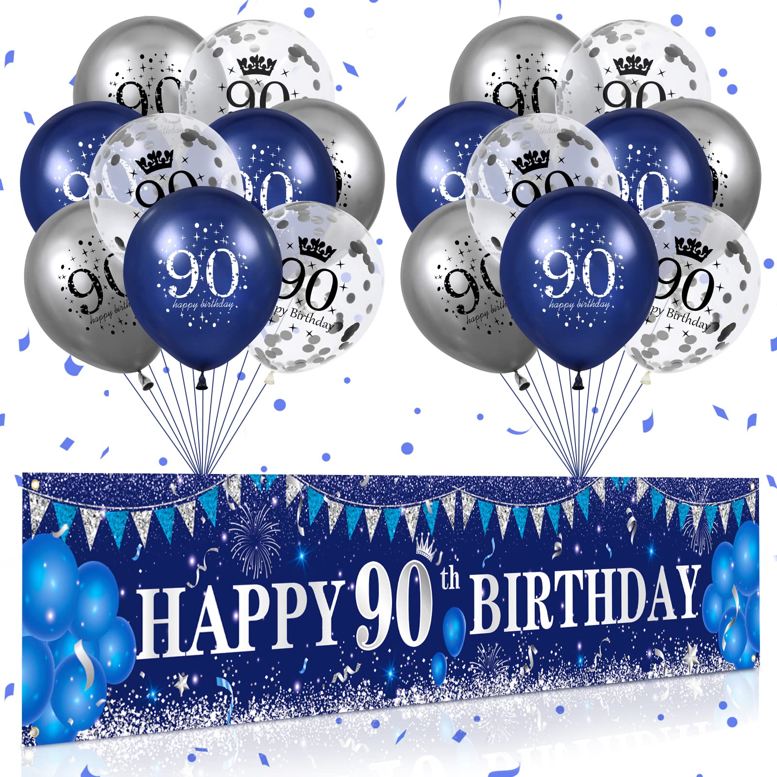 1600x1600 Navy Blue Silver 90th Birthday Decorations Banner, Balloons for Annive